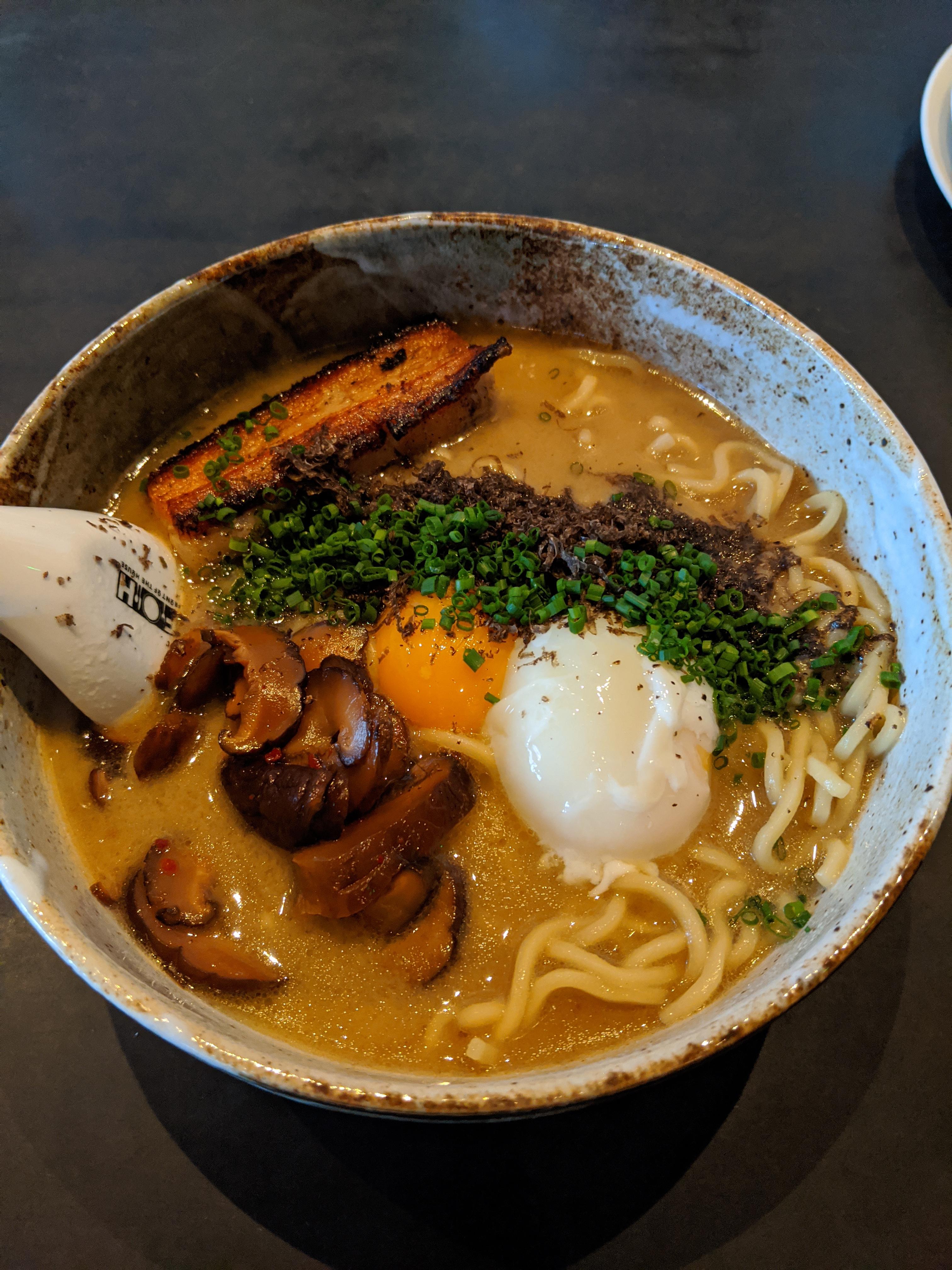 Momofuku Black Truffle Ramen. I added an egg, pork belly and pickled