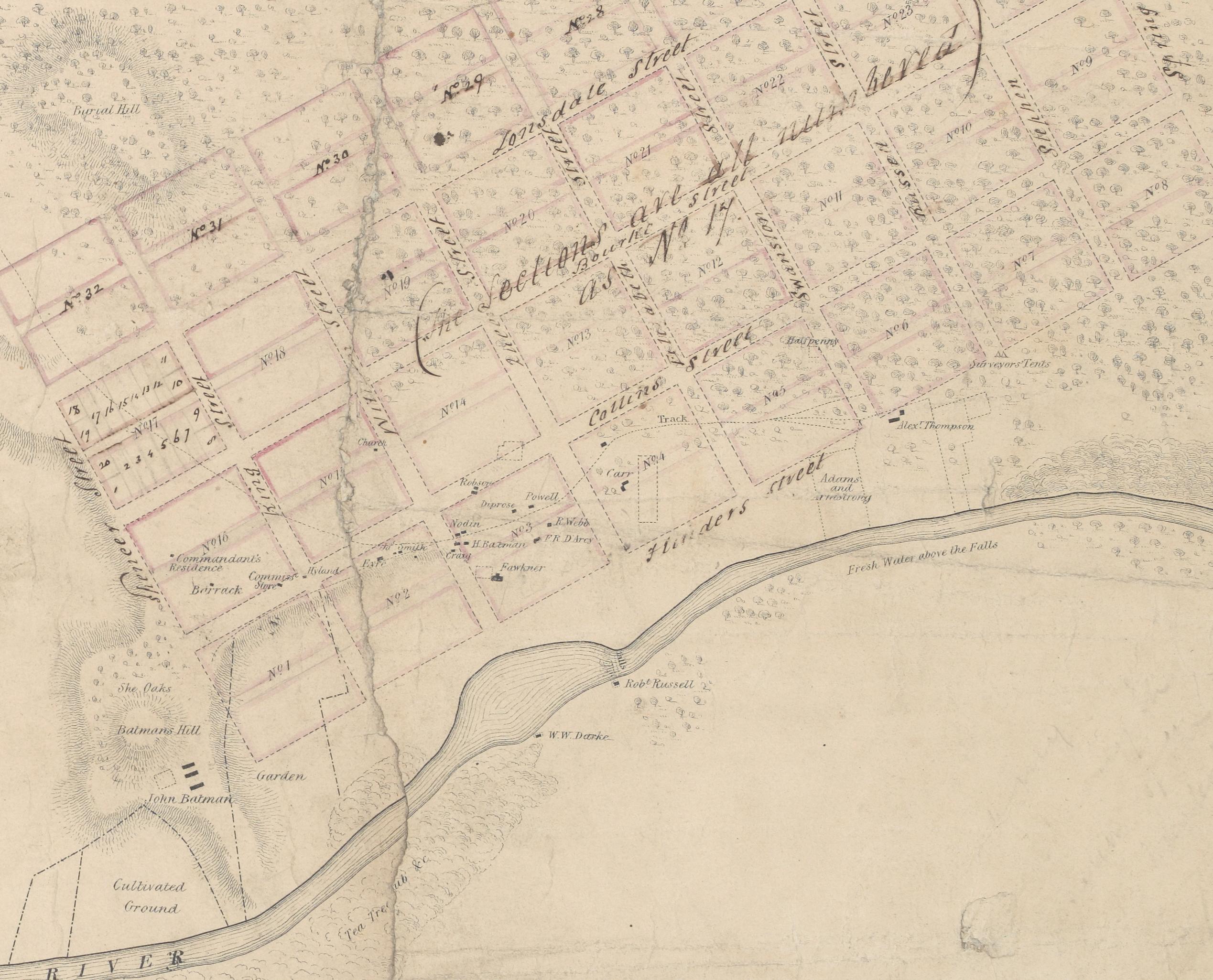 Map shewing the site of Melbourne and the position of the huts & buildings previous to the