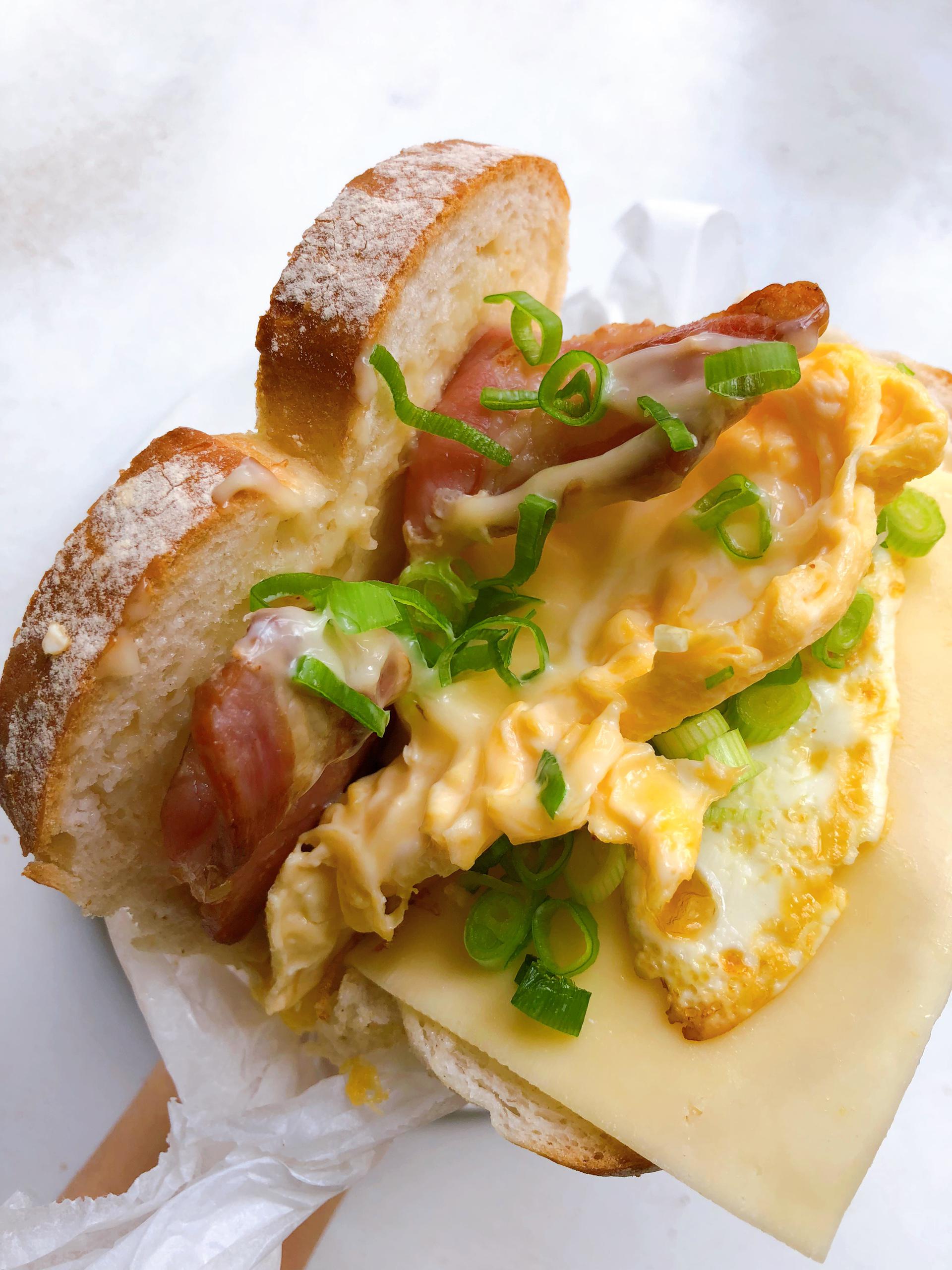 Korean Toast Part 2 Garlic bread sandwich with bacon, scrambled egg