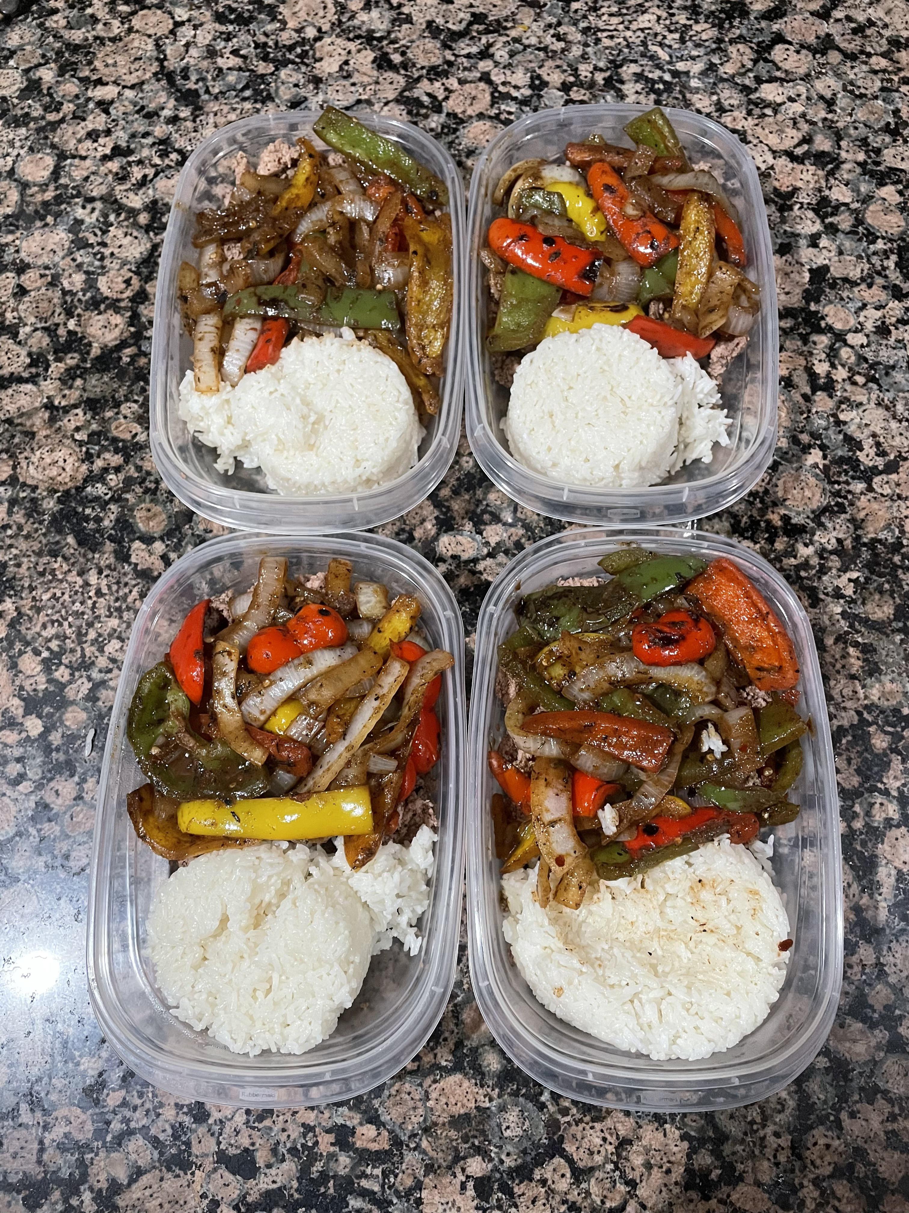 Jerk ground turkey with white rice, peppers, and onions mealprep