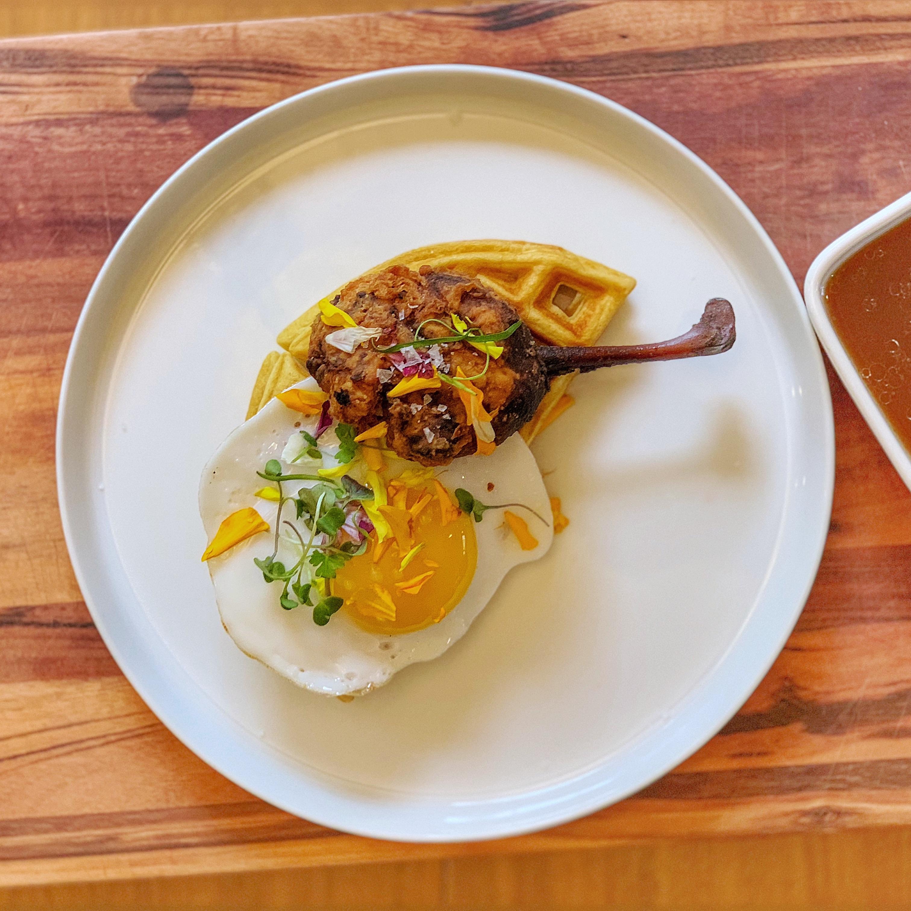 Maple Cured Sous Vide + Fried Duck Confit, Buckwheat Waffle, Duck Egg