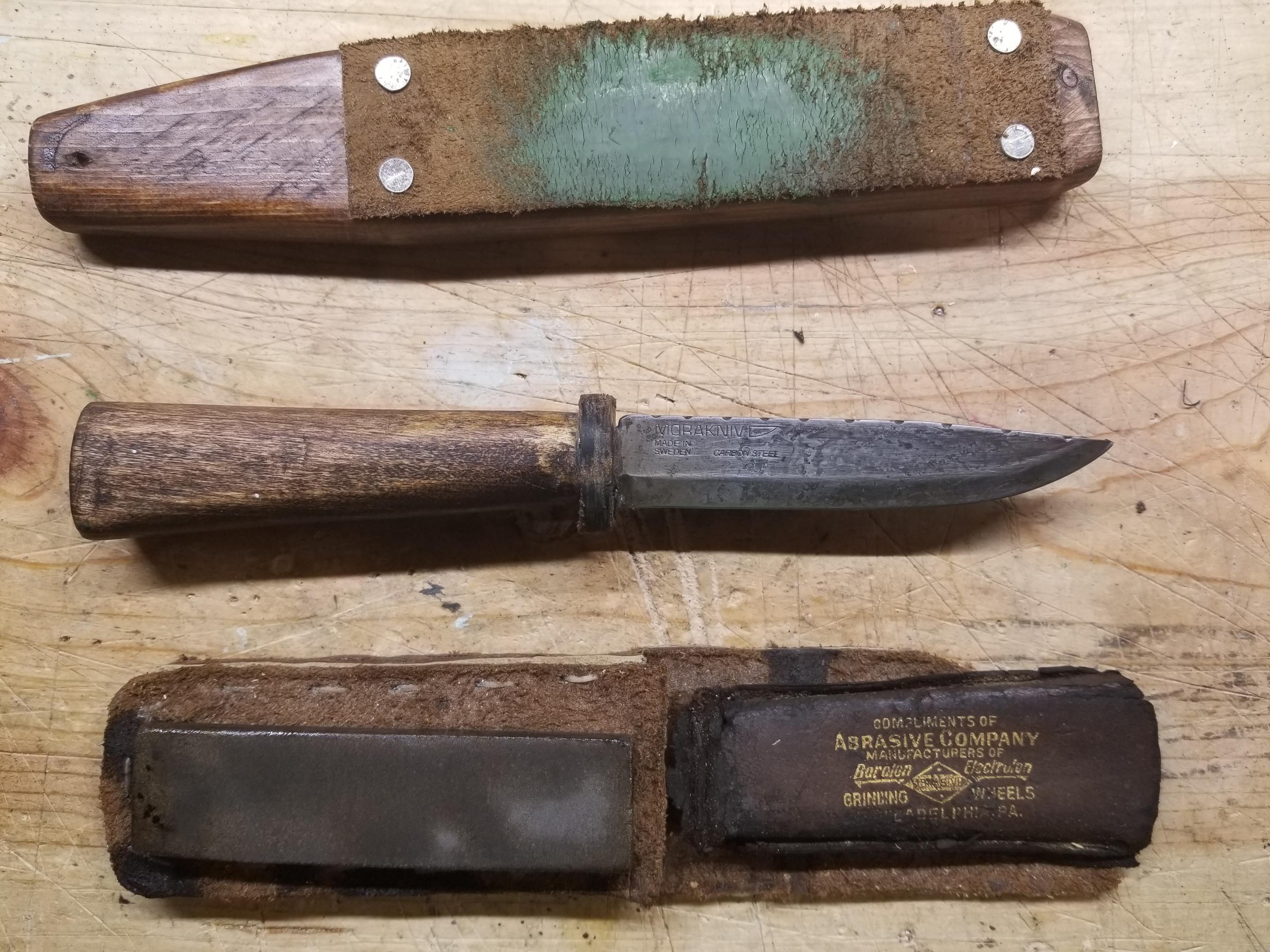My very old and used Mora No.2 (rehandled), handmade strop, and an oil