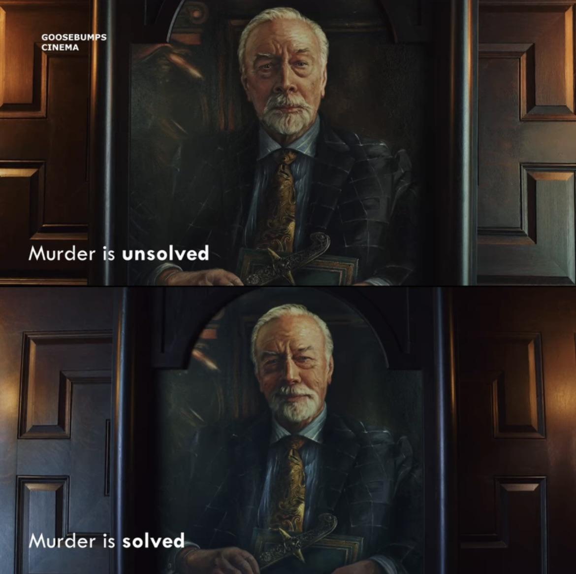In Knives Out (2019), Harlan Thrombey’s facial expression changes on