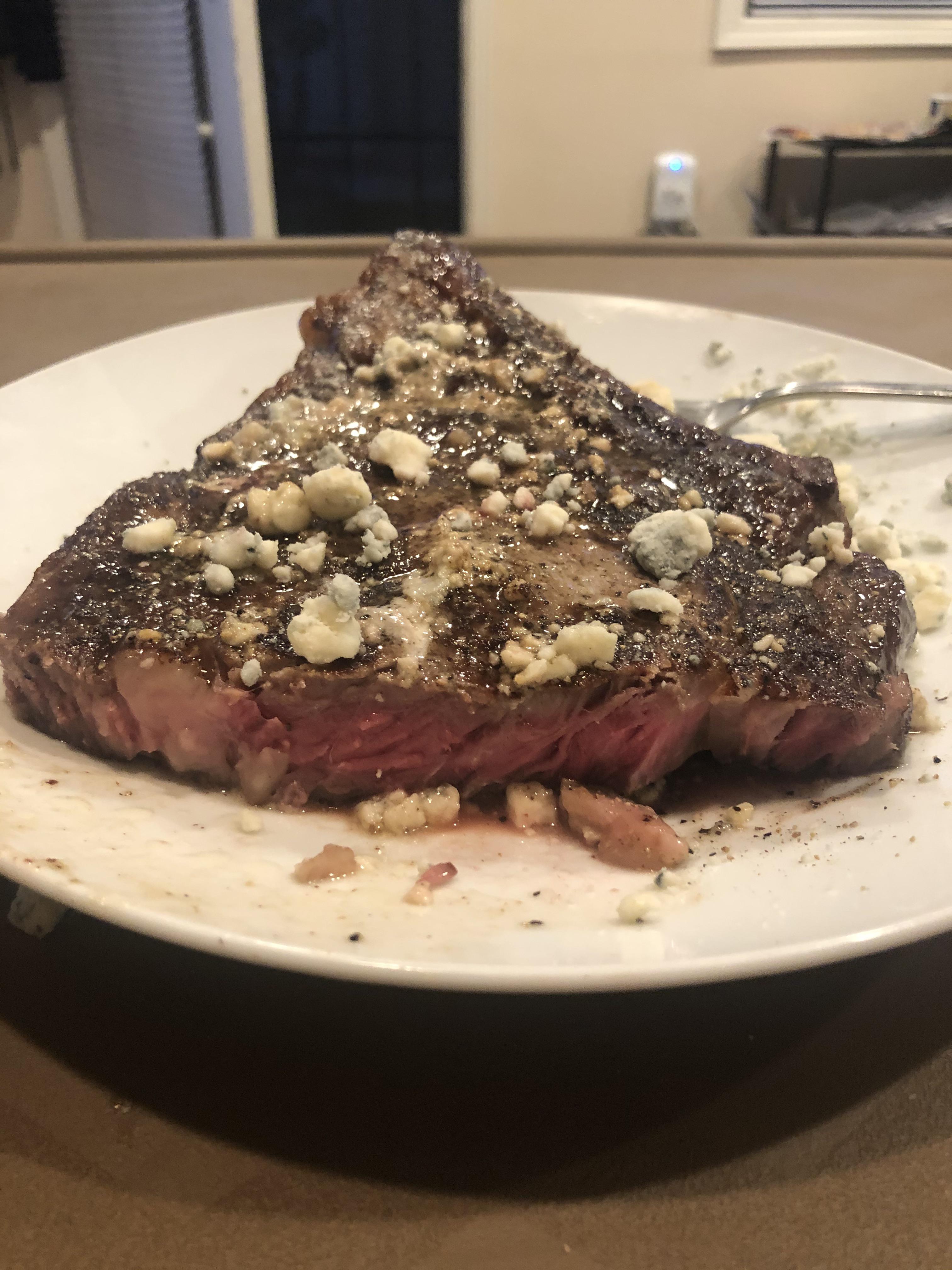Bonein ribeye... toaster oven & cast iron skillet. Medium rare. Blue
