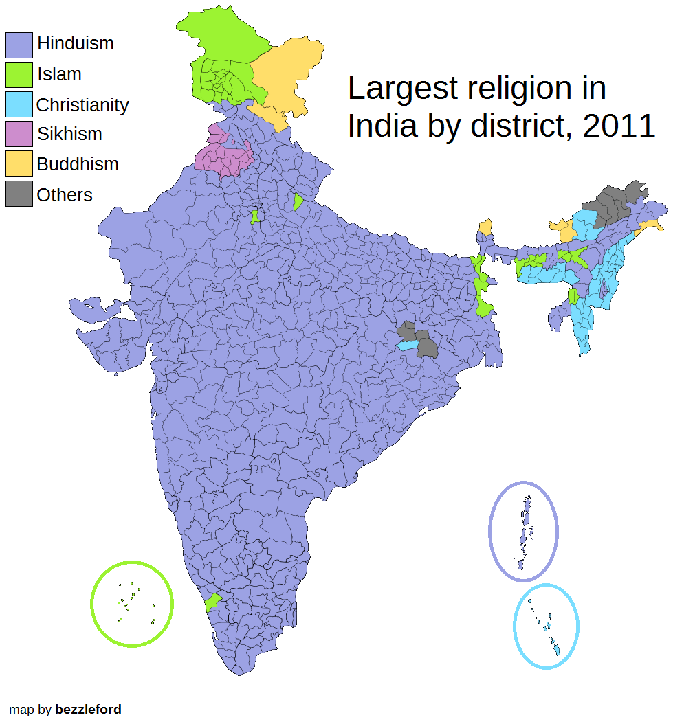 Largest religion by district in India, 2011 census [992 x 1054]