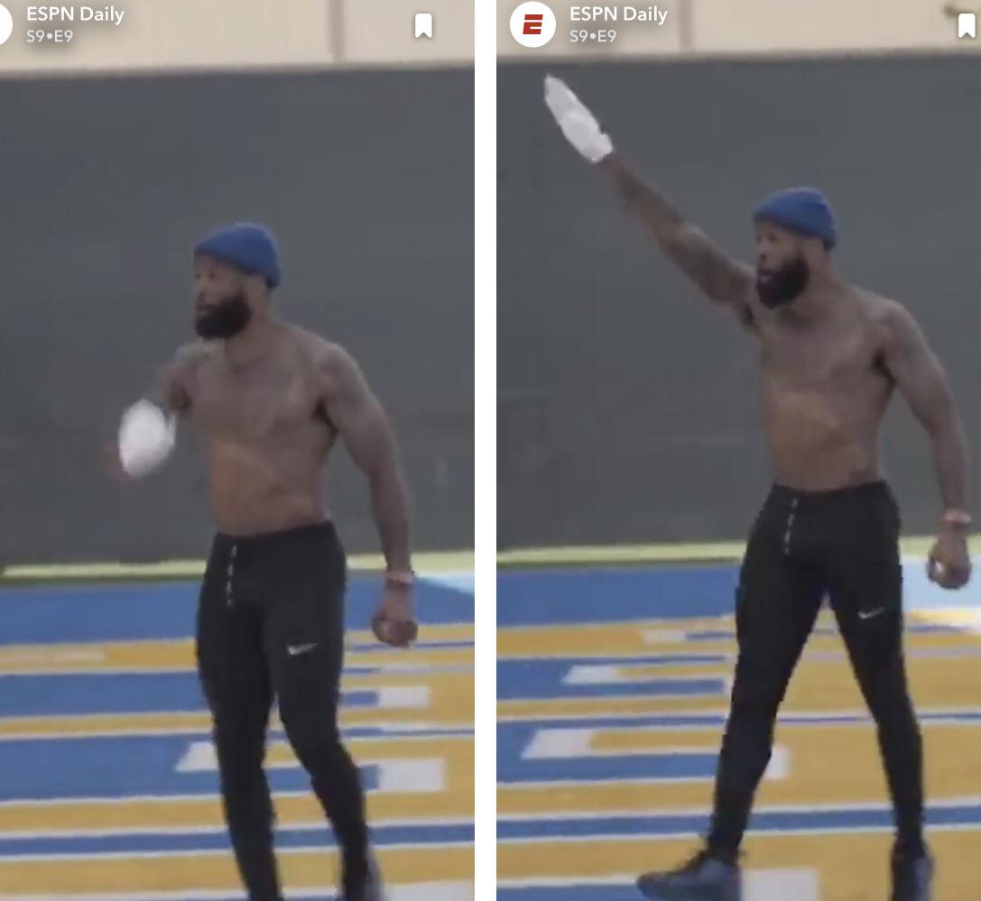 Odell Beckham celebrating his 70 yard throw on ESPN’s Snapchat r