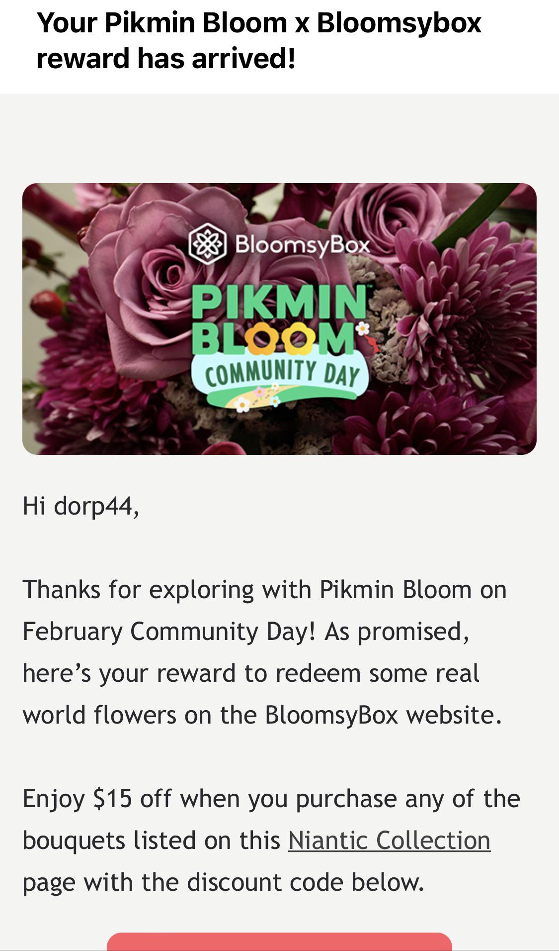 Discount code arrived! Anyone here win a bouquet? r/PikminBloomApp