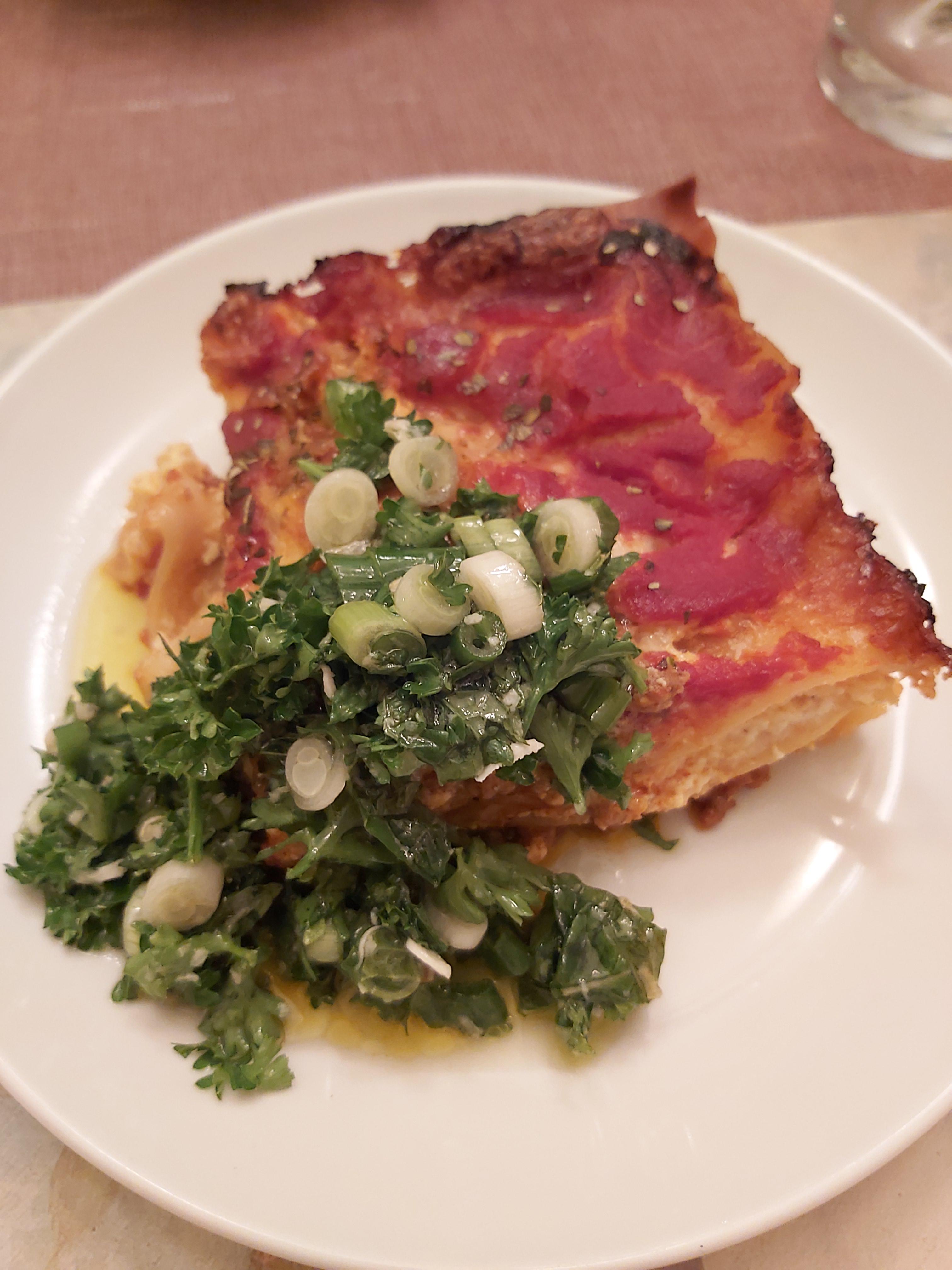 I made his Chorizo Lasagna with Salsa Verde ( but with parsley) and it