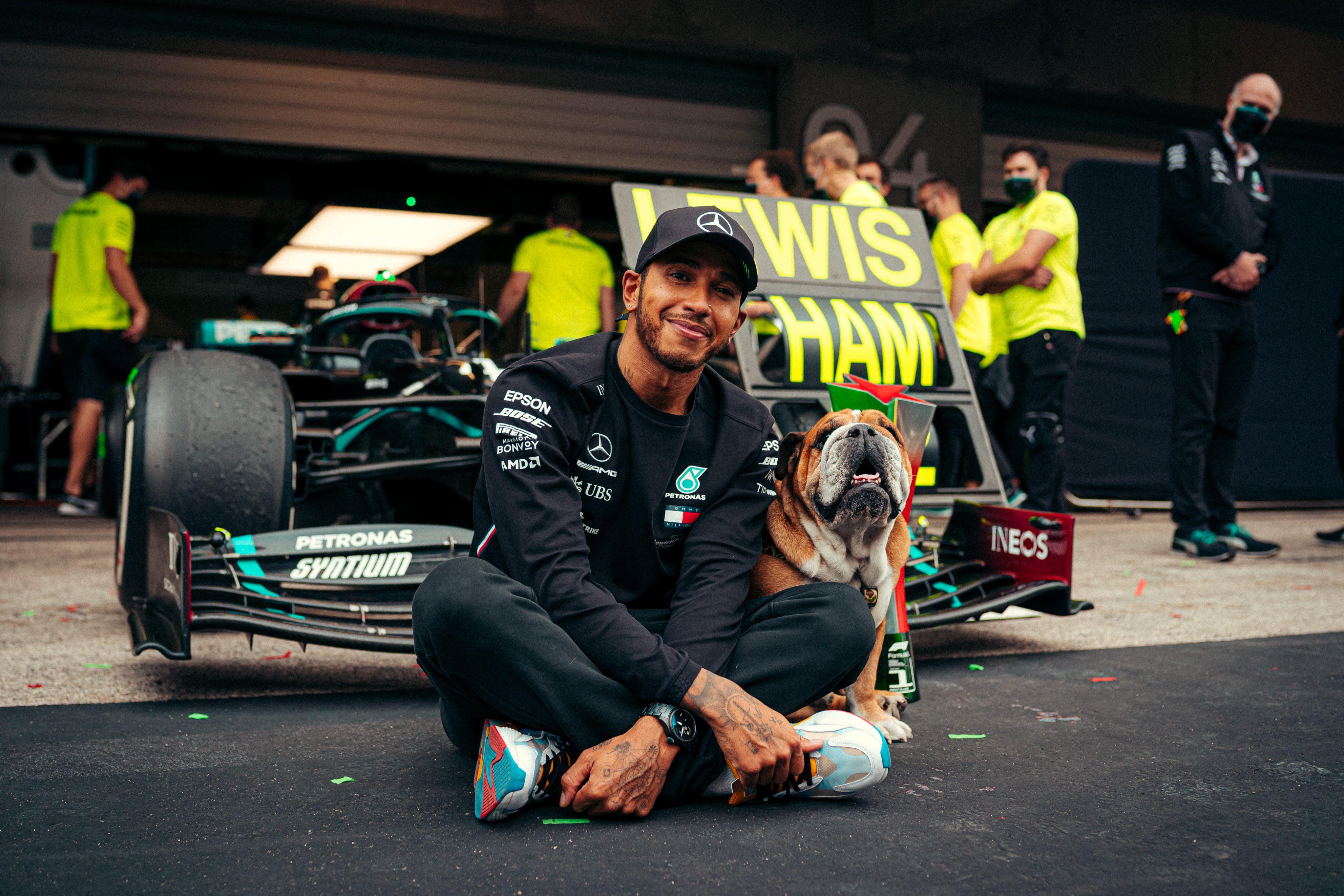 F1 driver Lewis Hamilton celebrating his record breaking win 92nd win
