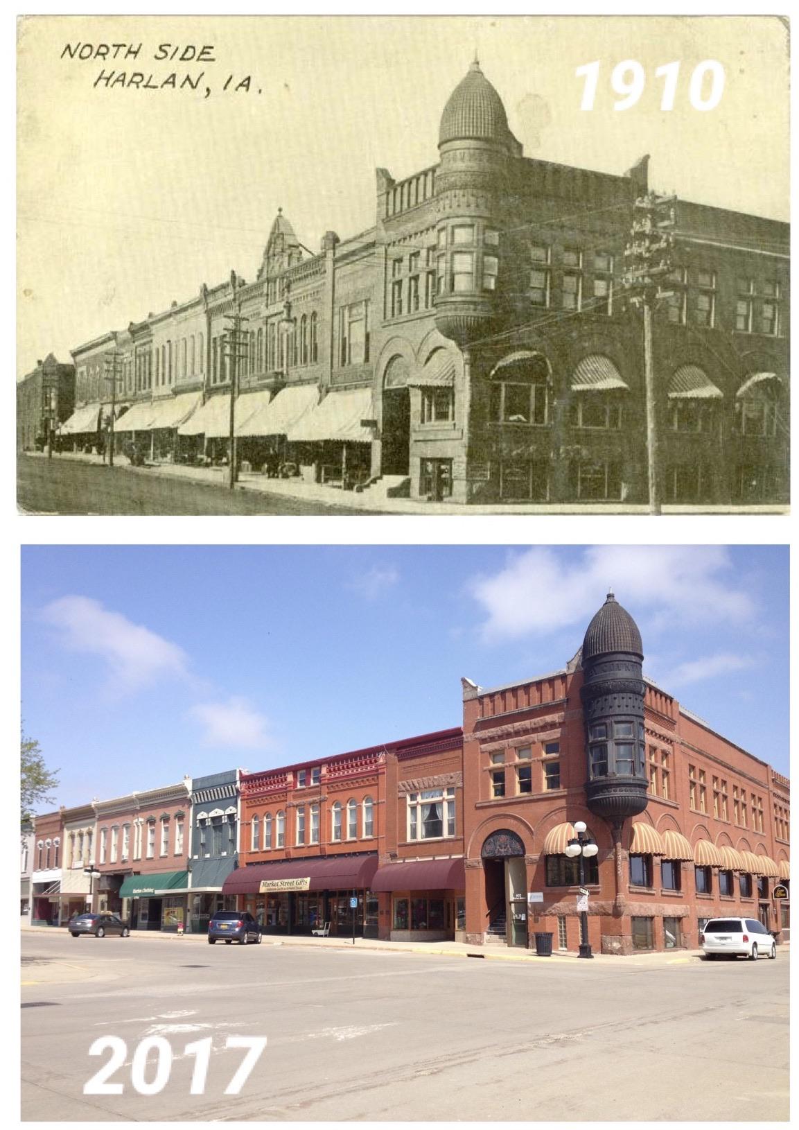 Downtown Harlan,IA 1910 vs 2017 r/OldPhotosInRealLife