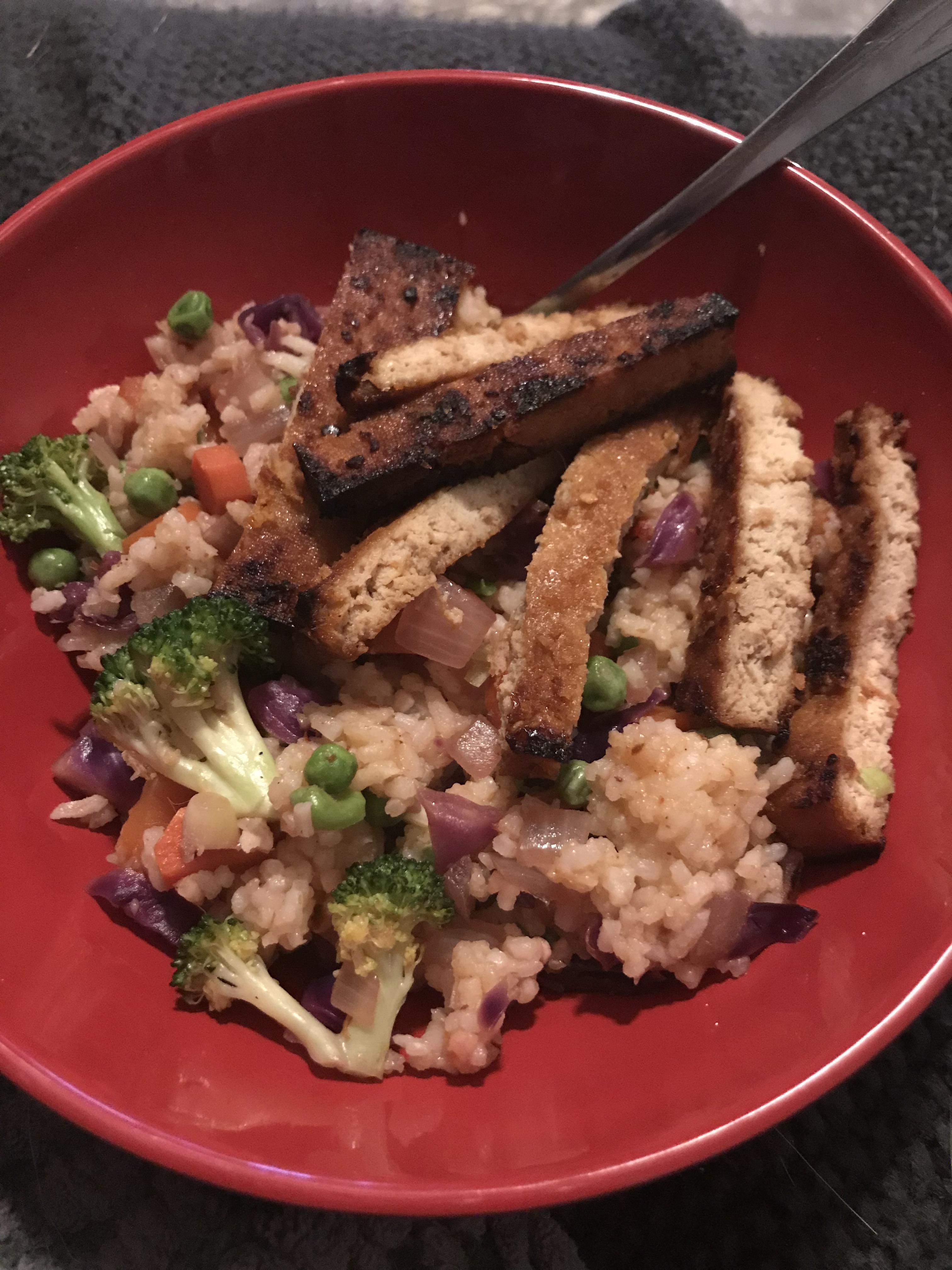 Thug Kitchen fried rice and sesame ginger marinated tofu. With a few