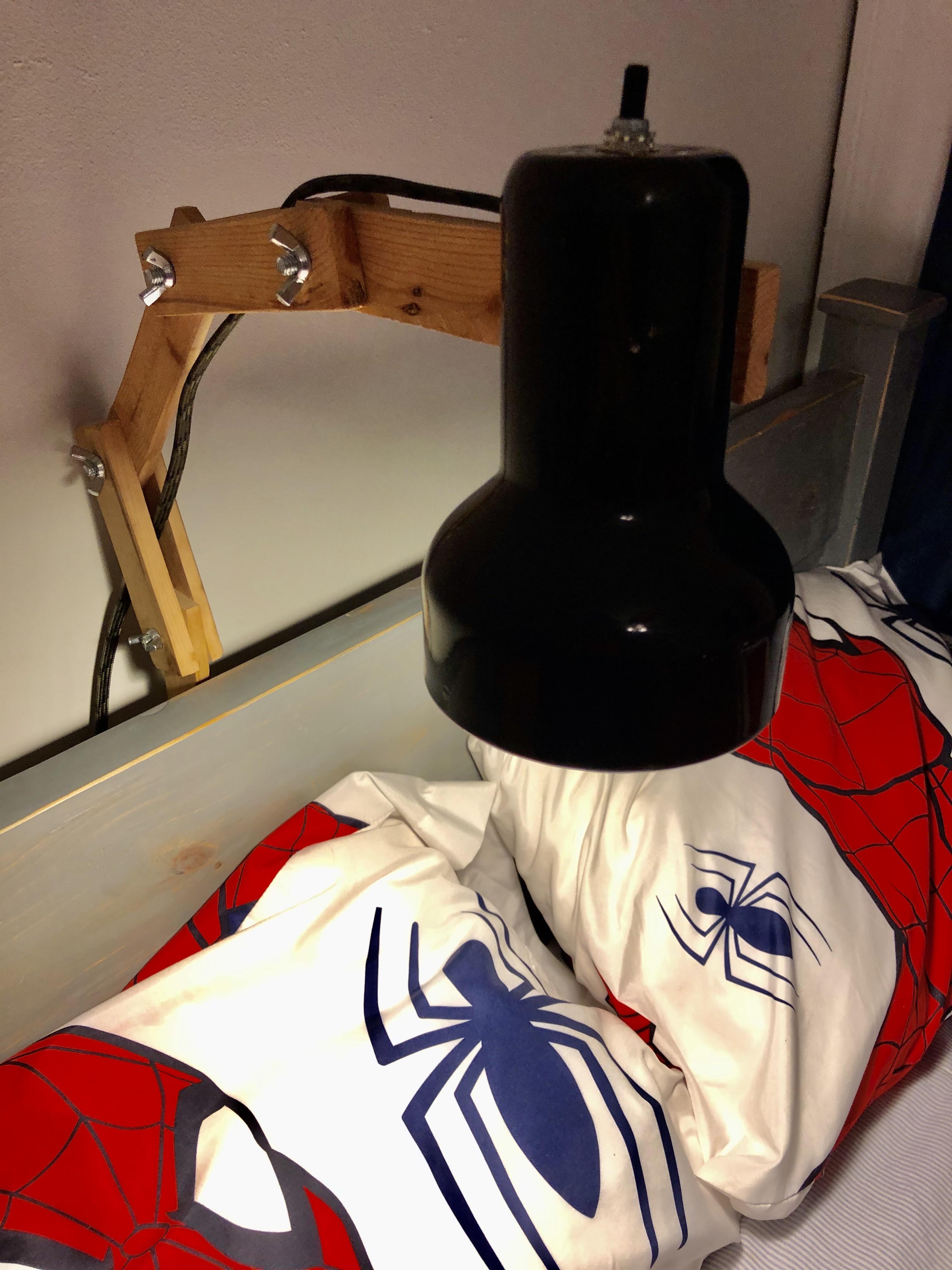 Shitty articulating reading lamp for my son’s bed made from repurposed