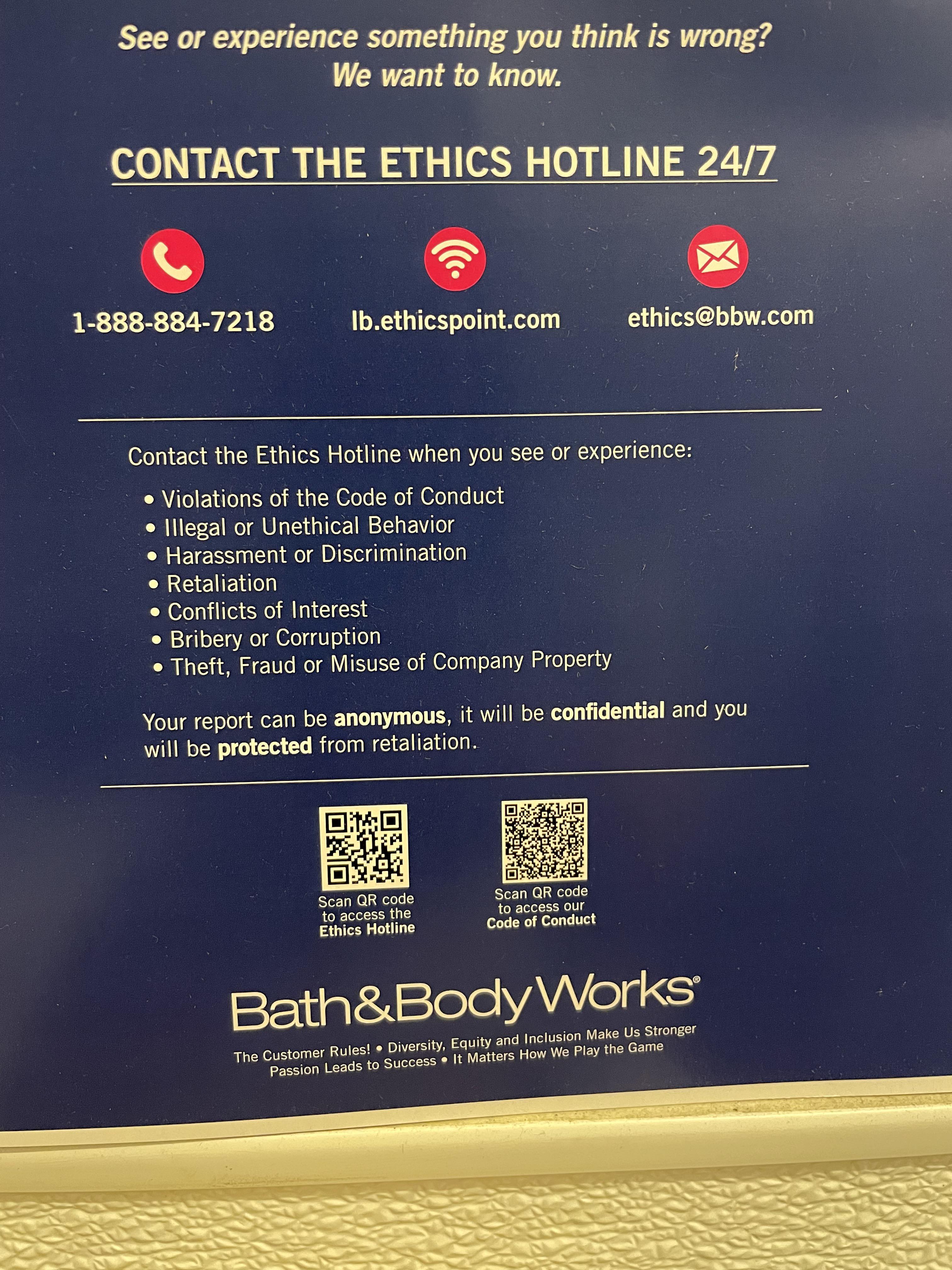 Ethics hotline for any employees r/bathandbodyworks