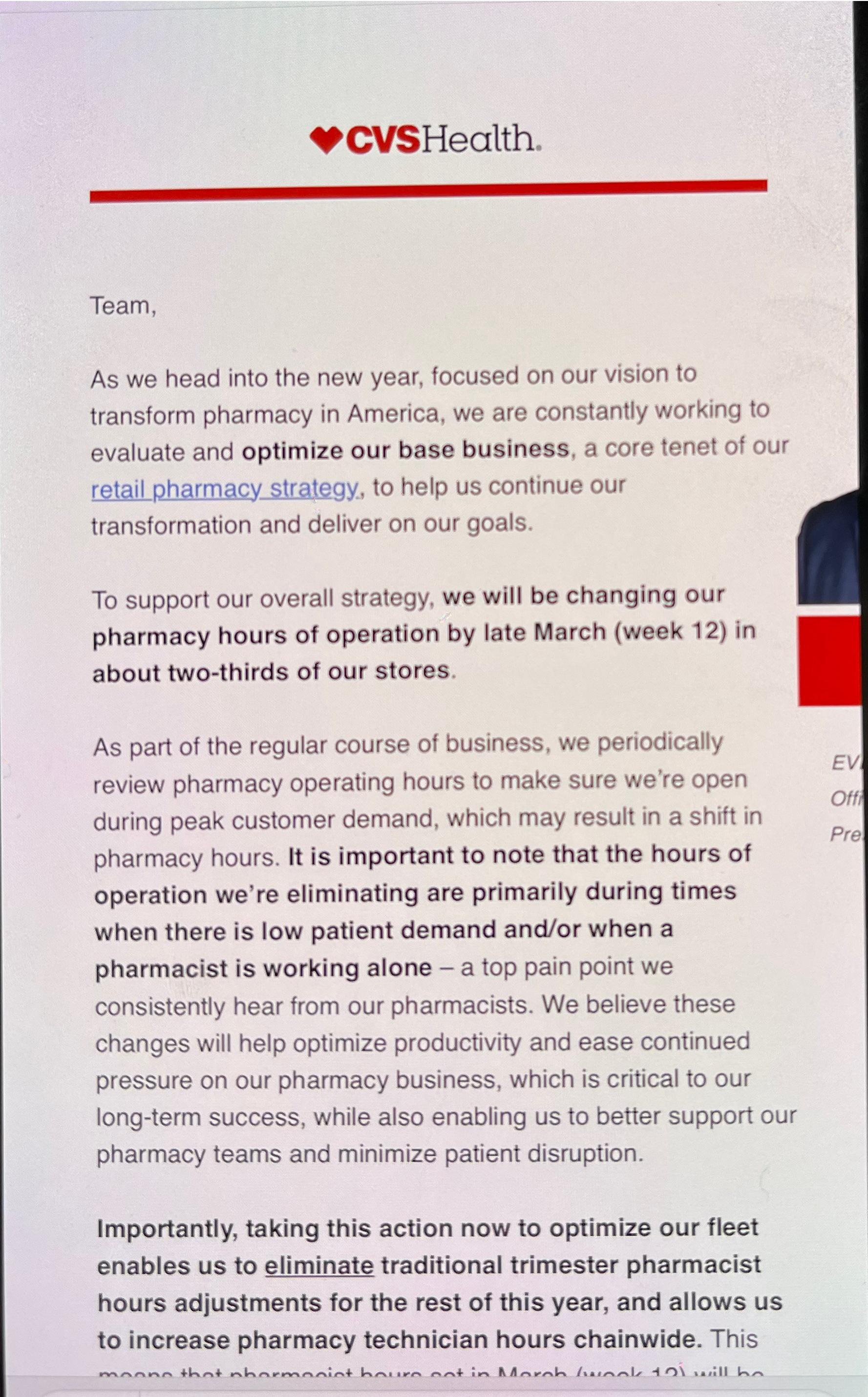 More pharmacist hour cuts coming? r/CVS