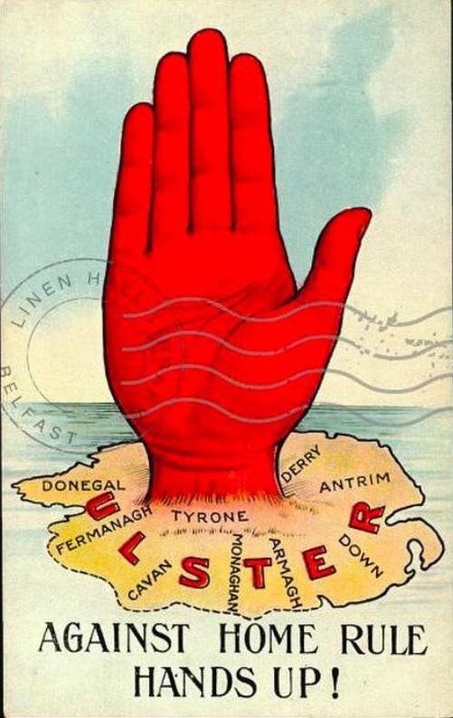 “Against Home Rule, hands up!” 🇬🇧 Ulster Unionist postcard published in 1912 in protest of the