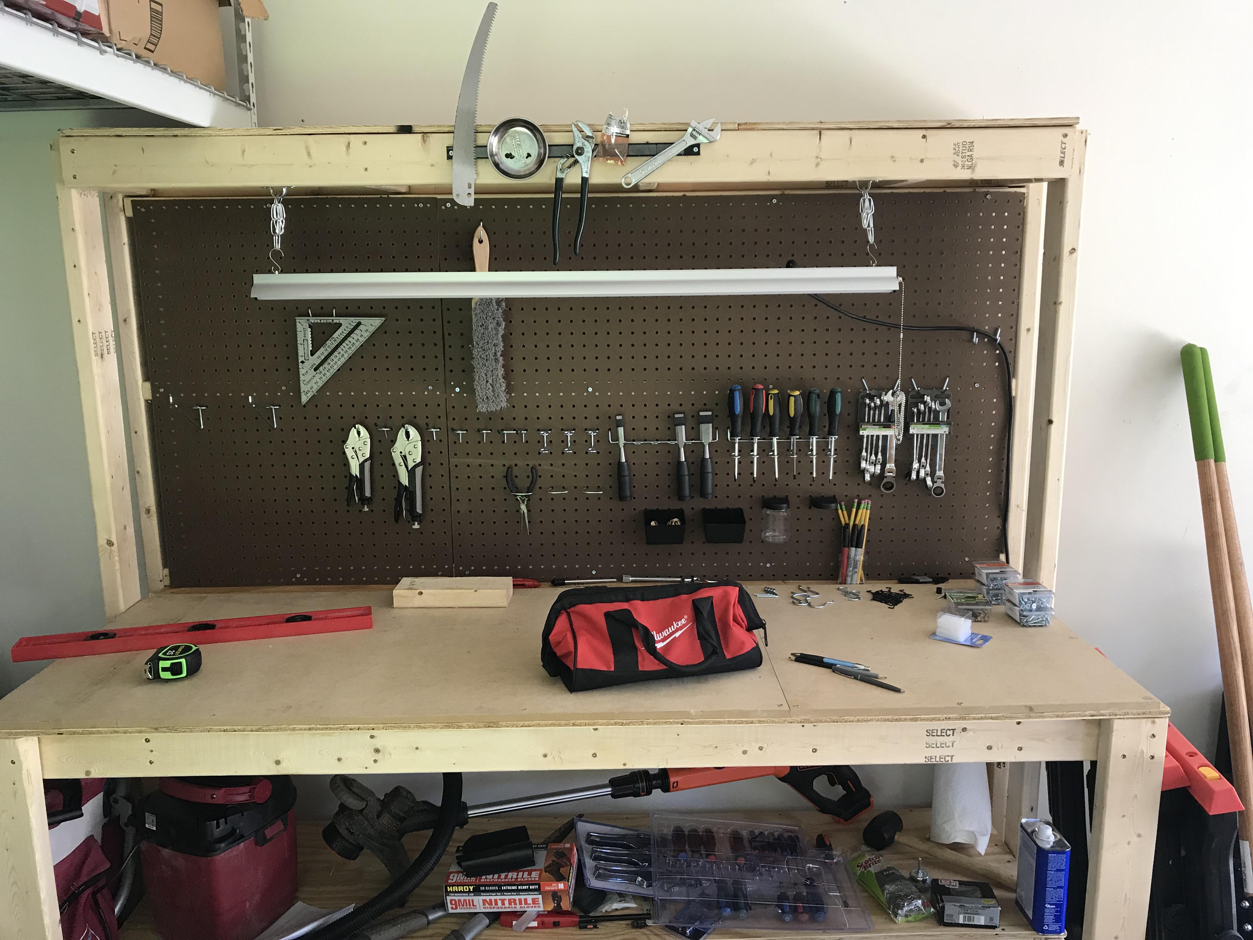 Upgraded the bench; mdf work surface over plywood and pegboard r/Workbenches
