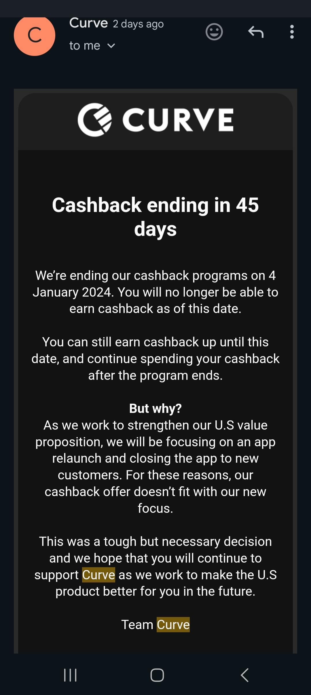 Curve US Cashback ending in Jan 2024 r/CurveCard