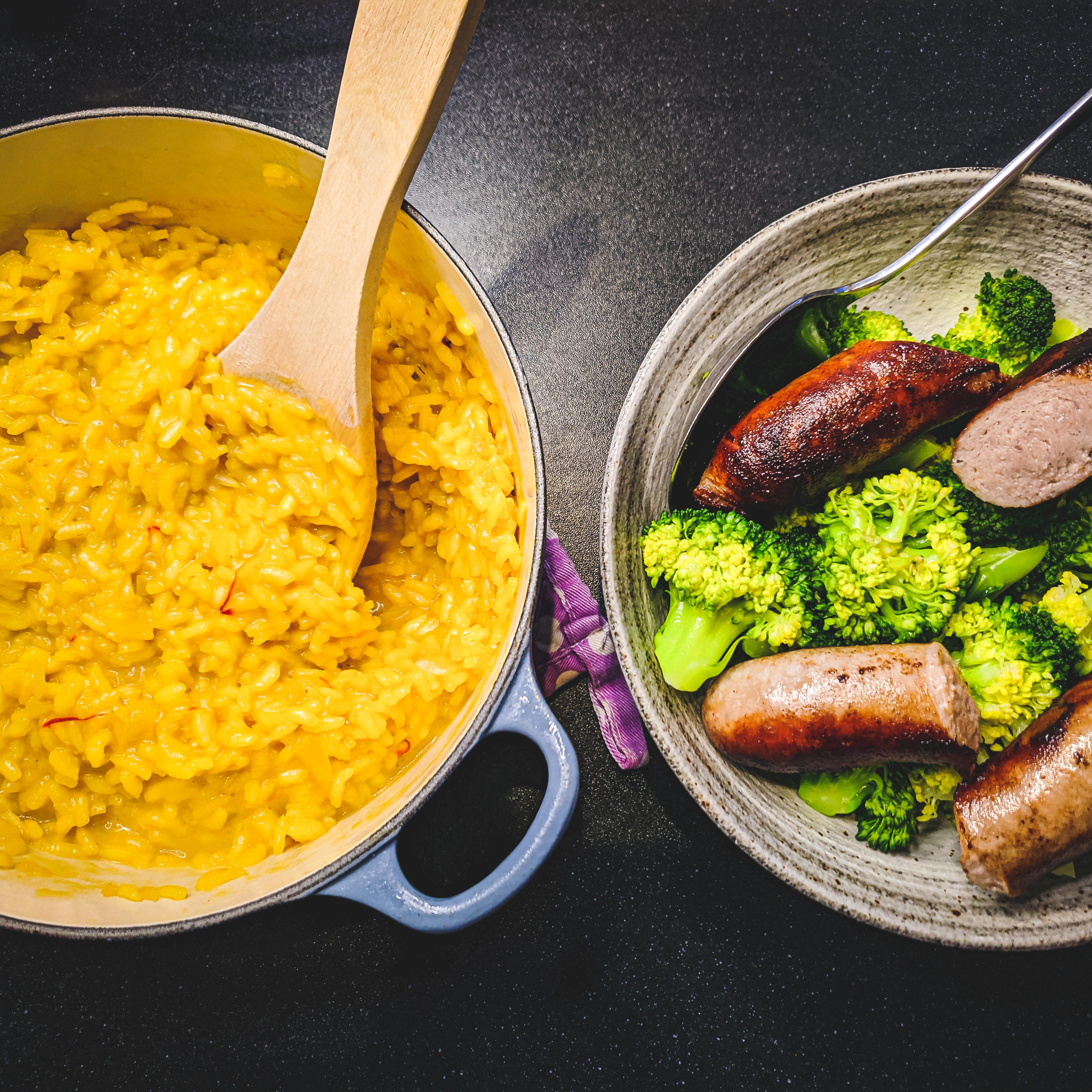 Risotto alla Milanese with steamed broccoli and pork sausages r/F00dy