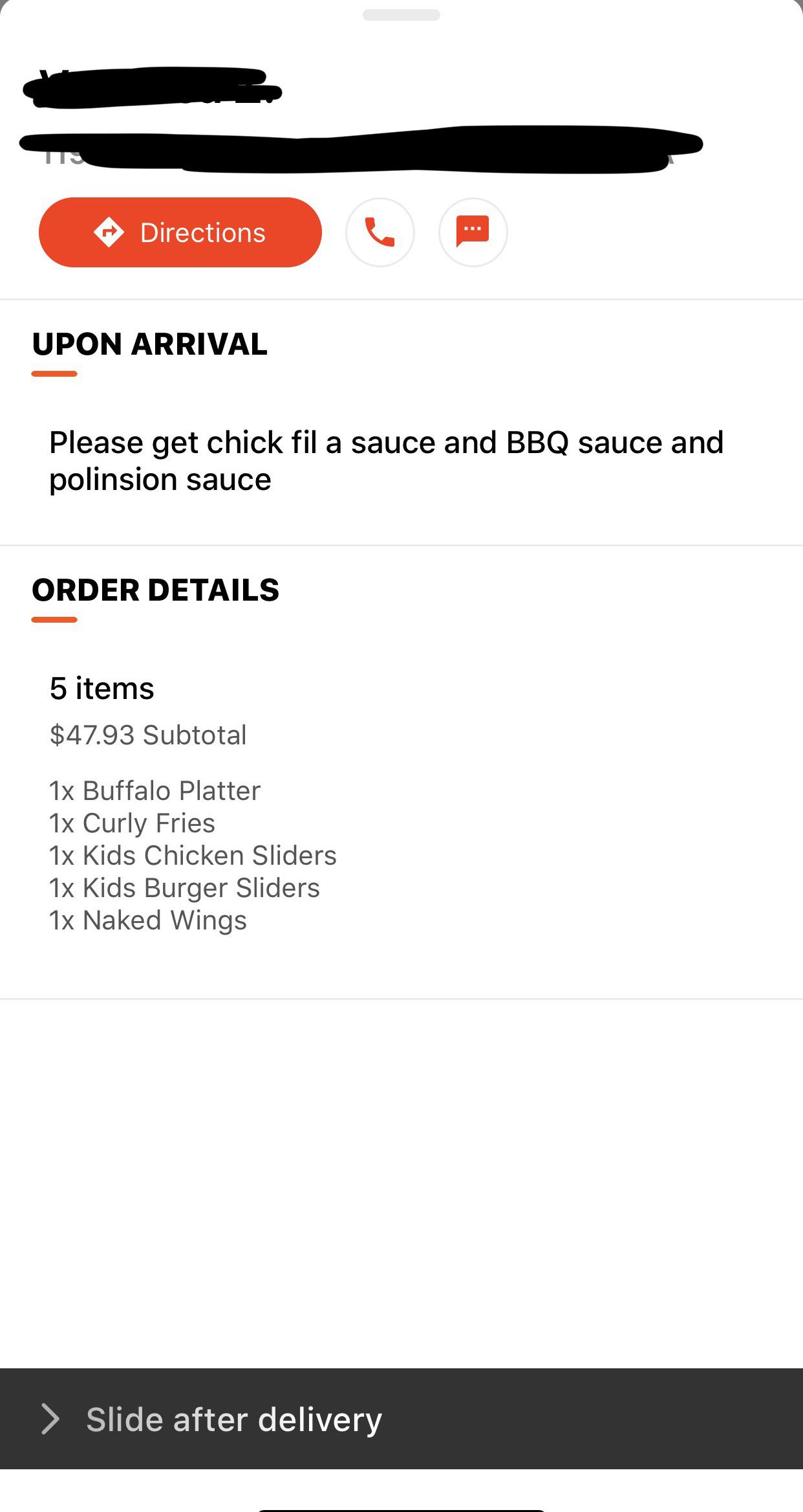 This person ordered Hooters but wanted me to stop by chic fil a and get