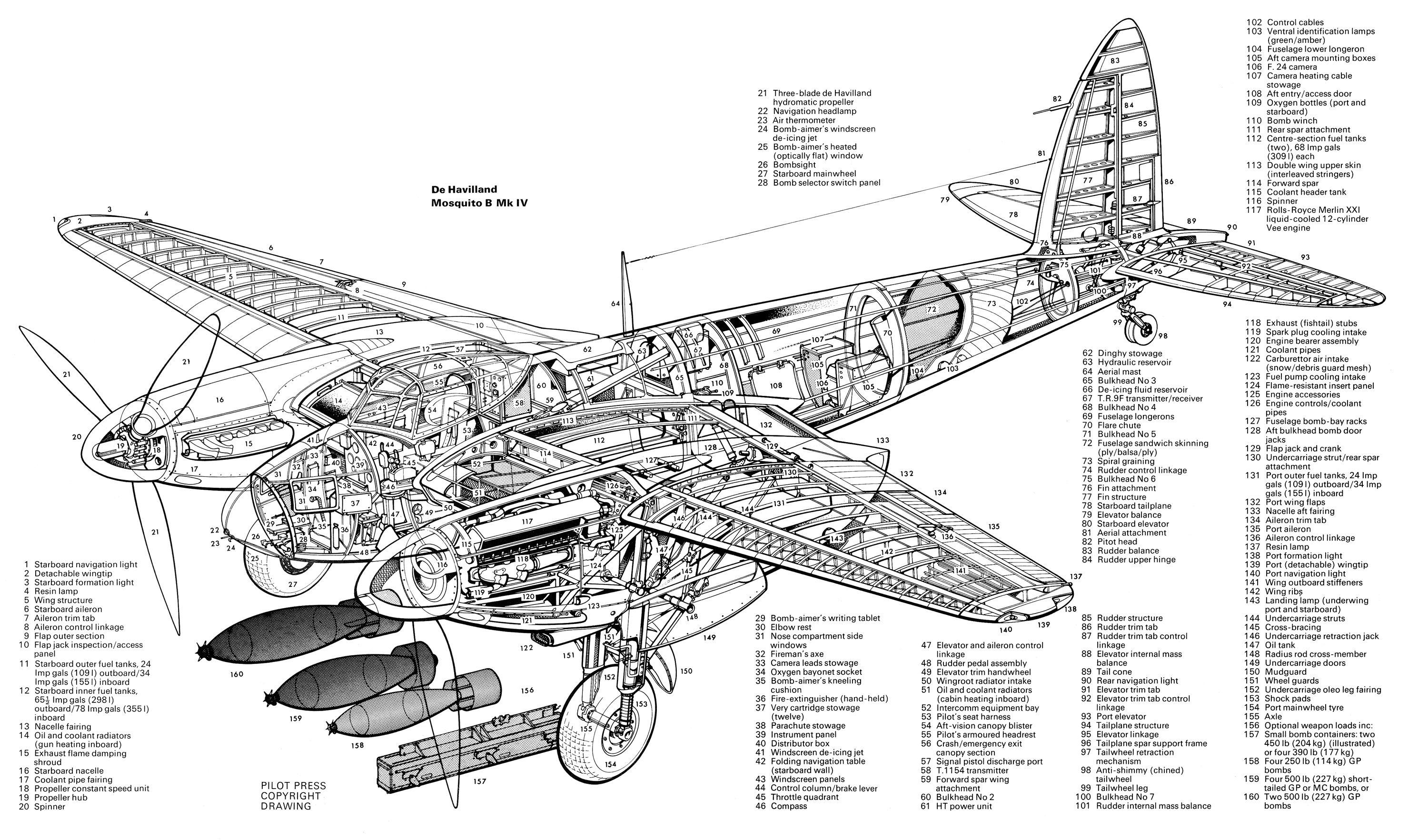 WWII Britsh combat aircraft "de Havilland Mosquito" blueprint r