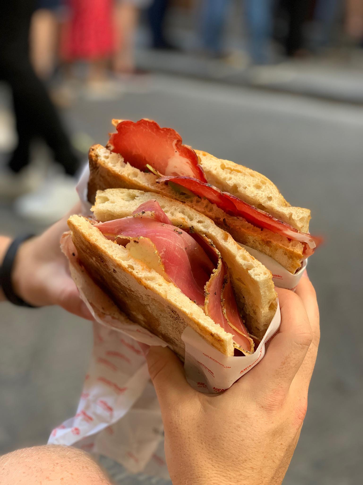 Prosciutto, mozzarella, and truffle crema sandwich in Florence, Italy