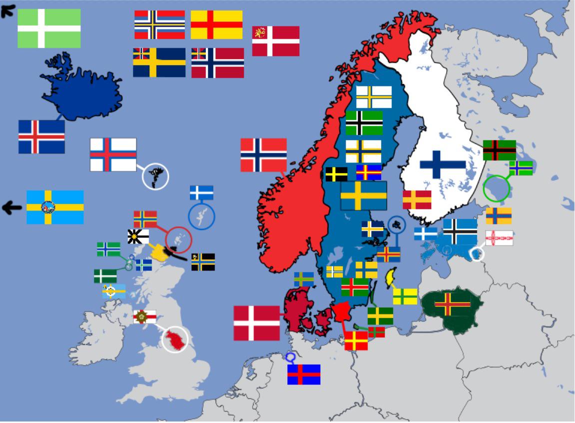 All nordic cross flags I can find online (except Jutland) r/vexillology
