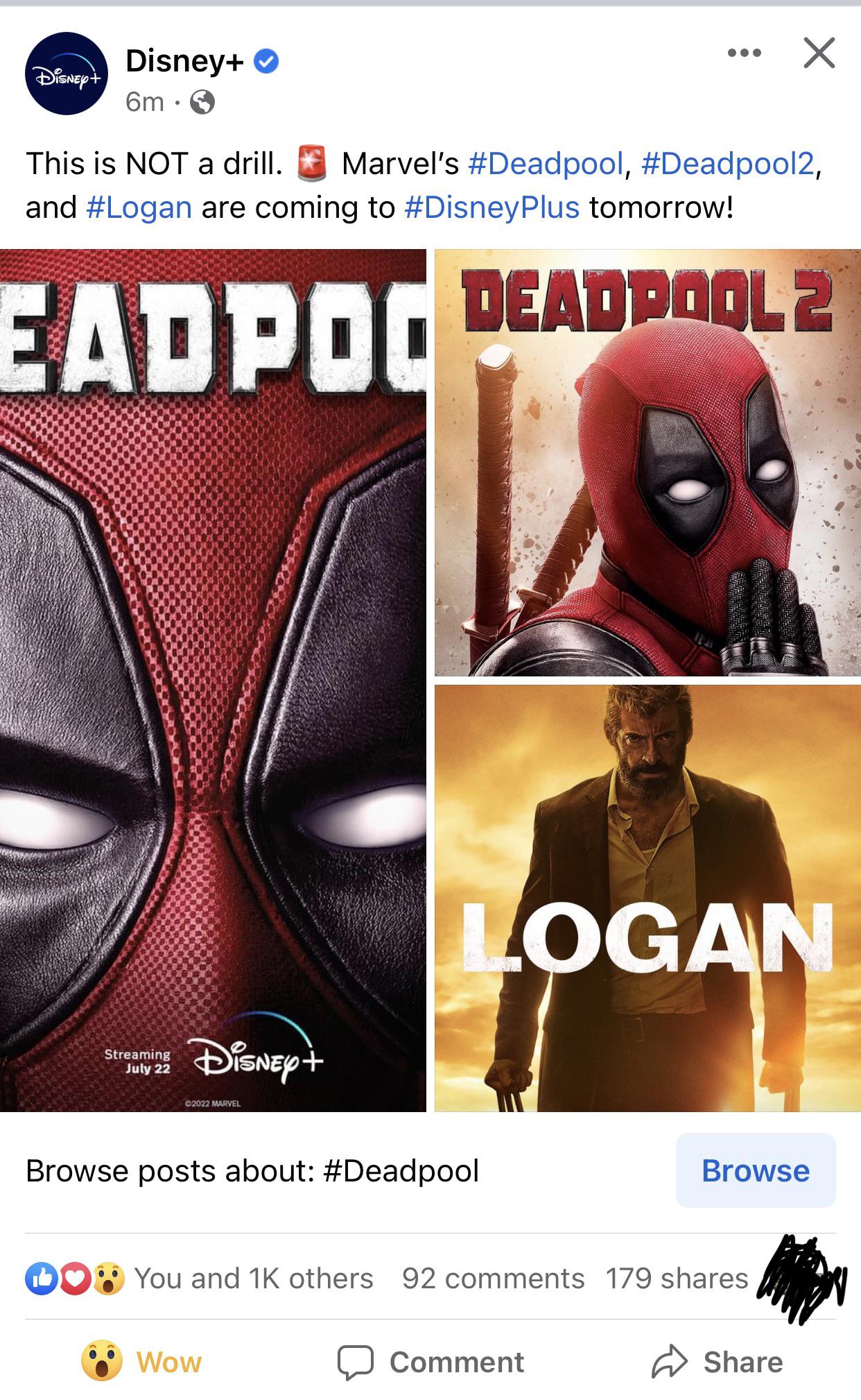 Deadpool, Deadpool 2, and Logan are dropping on Disney+ tomorrow! disney