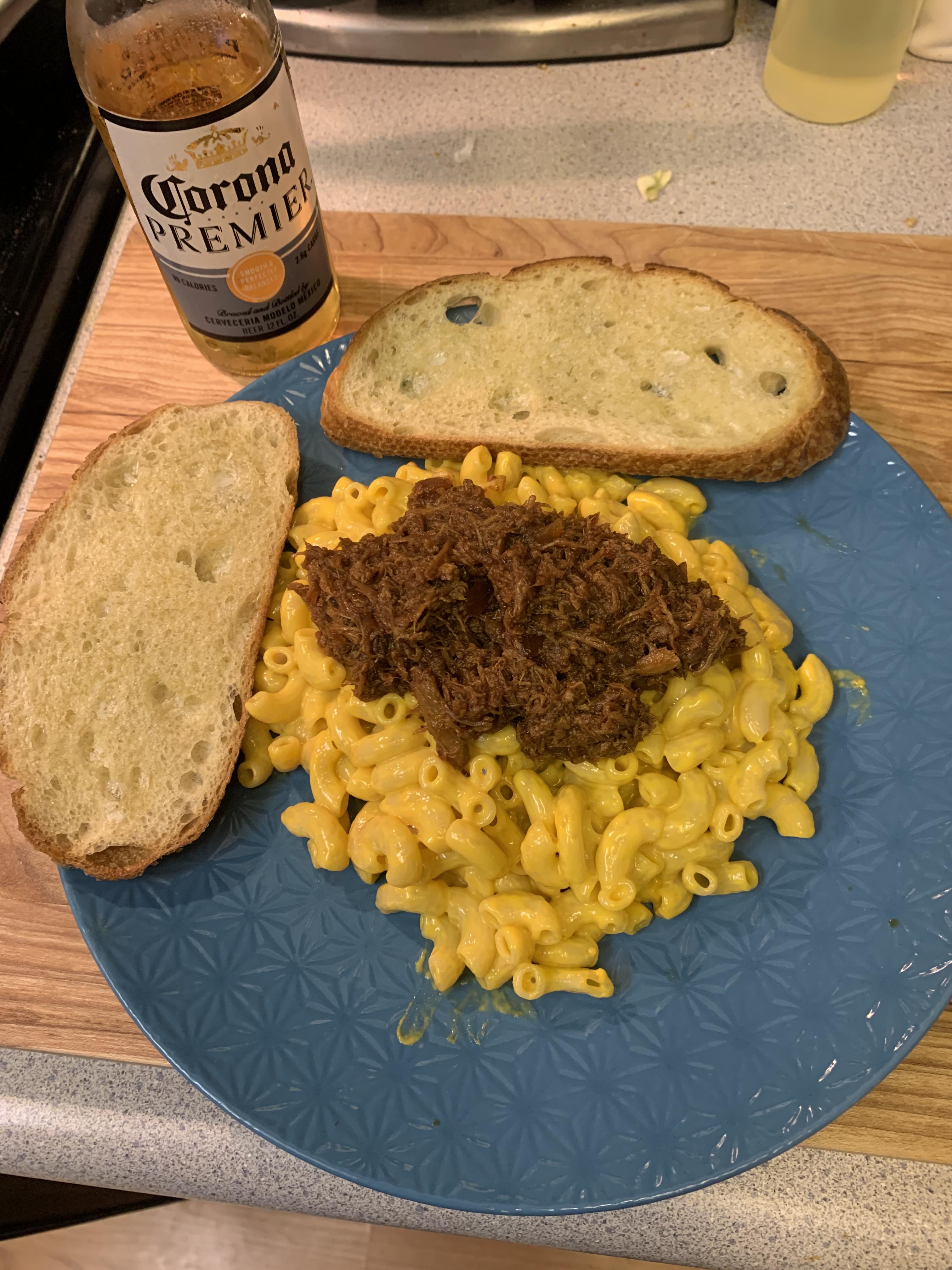 I’m 5 and this is Deluxe Craft Mac n Cheese, topped with homemade pulled pork, buttered toasted