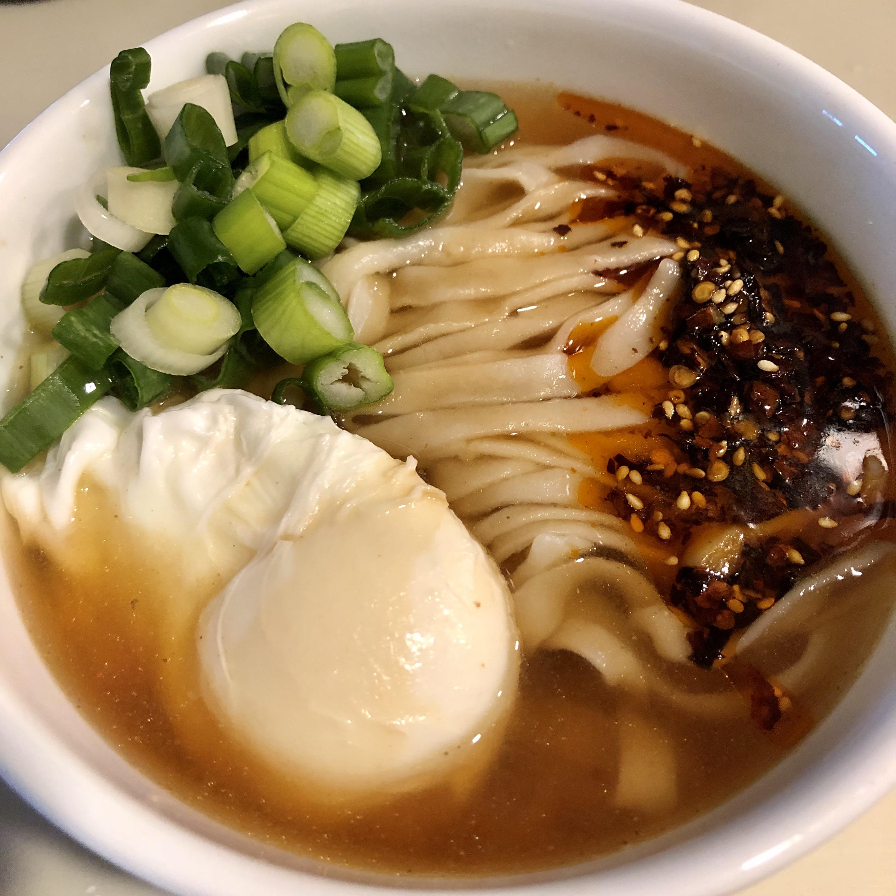 Noodle soup with knife cut noodles and homemade garlic chili oil. r