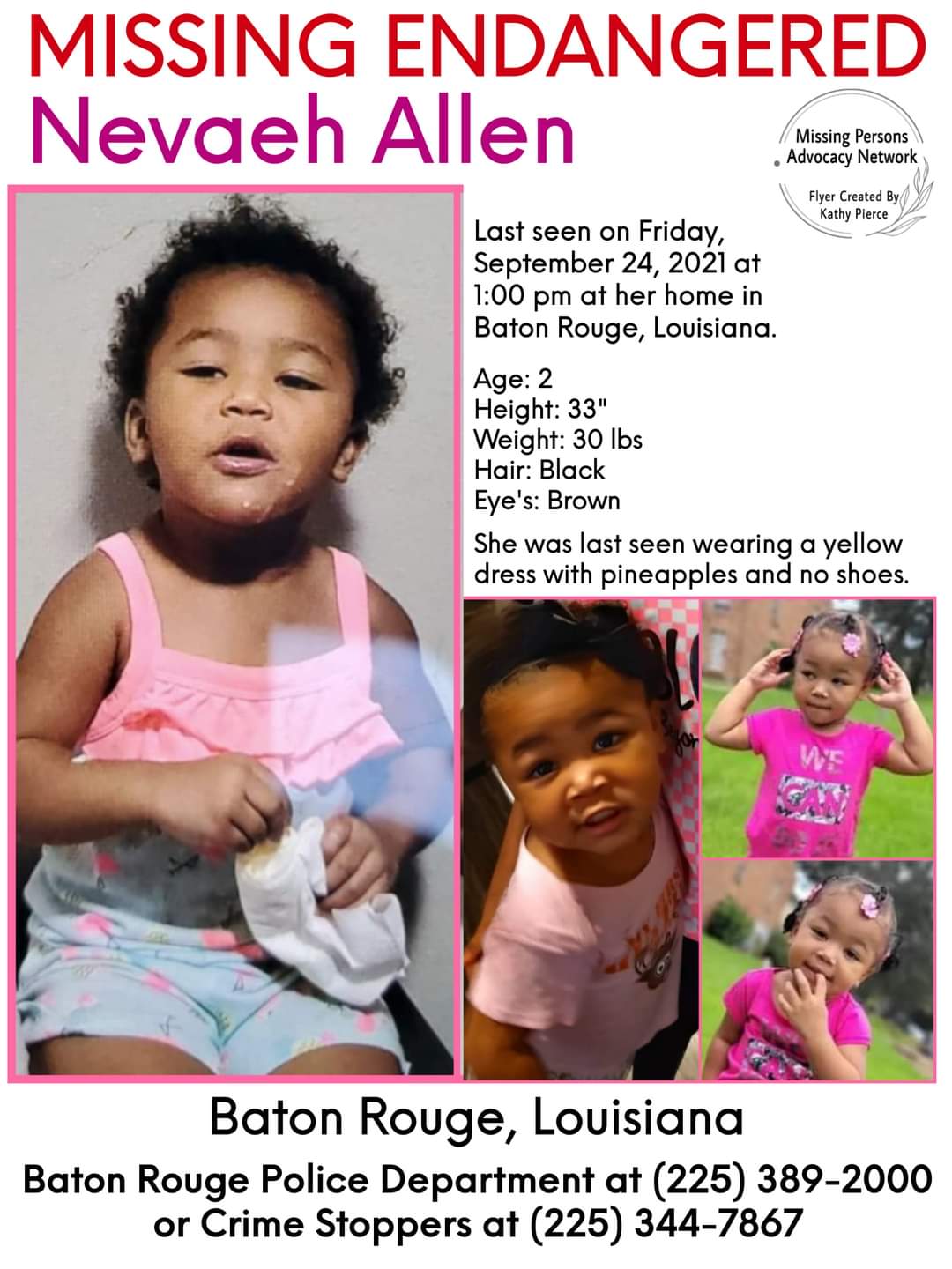 Nevaeh Allen, 2, missing since 9/24/2021 from Baton Rouge, Louisiana