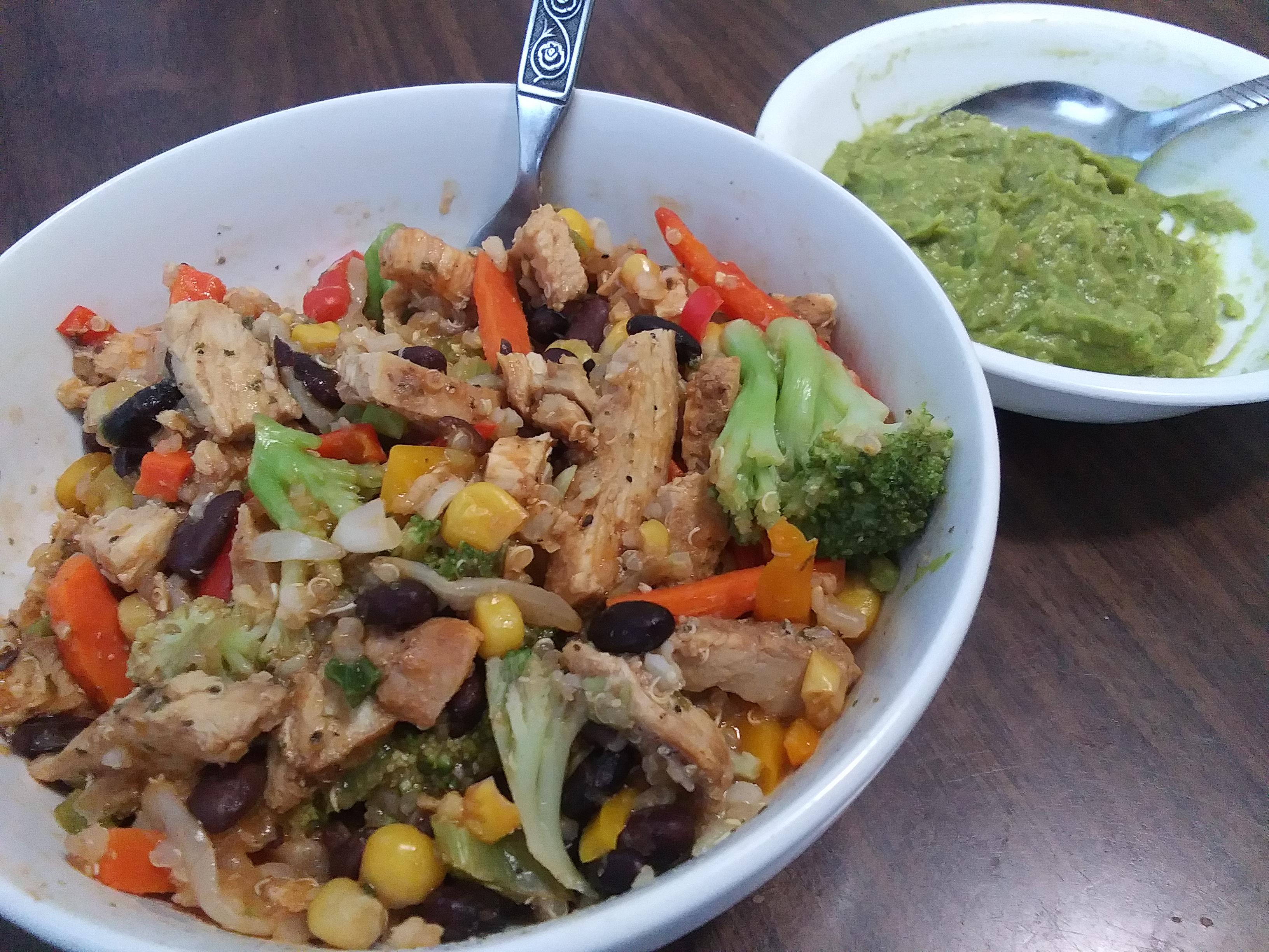Grilled chicken bowl with black beans, brown rice, quinoa, mixed