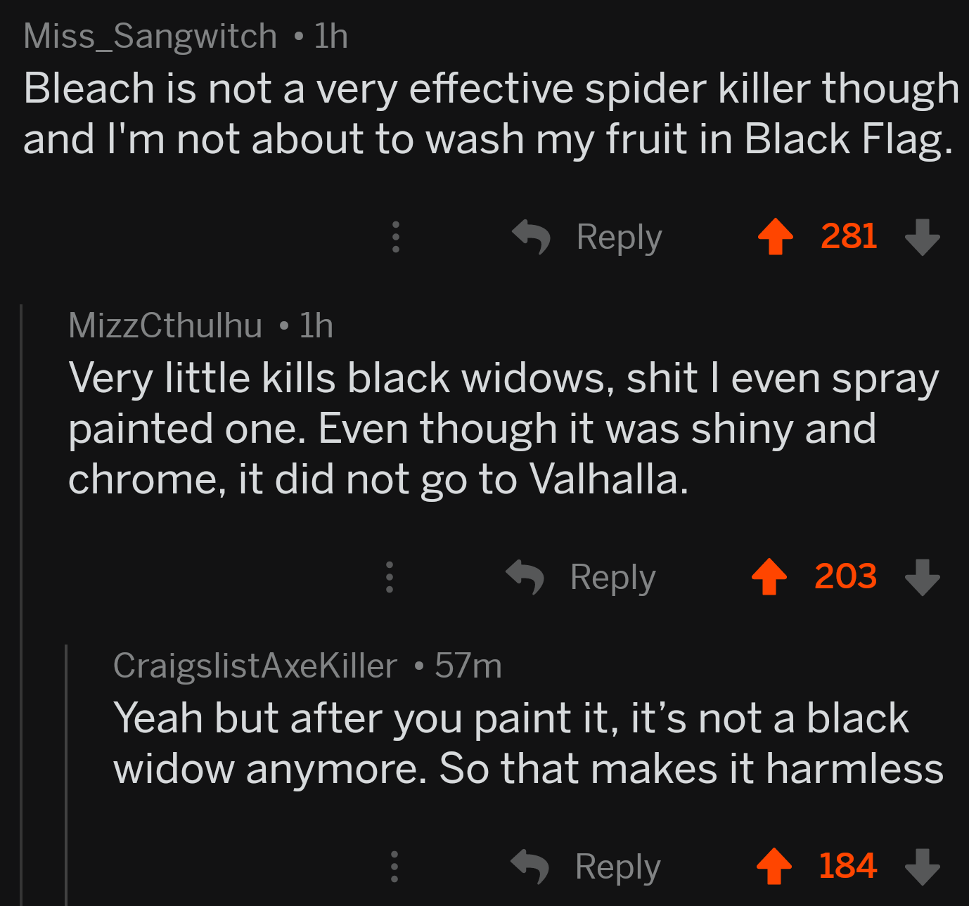 Spray paint Black Widow spiders so they aren't black widows anymore and