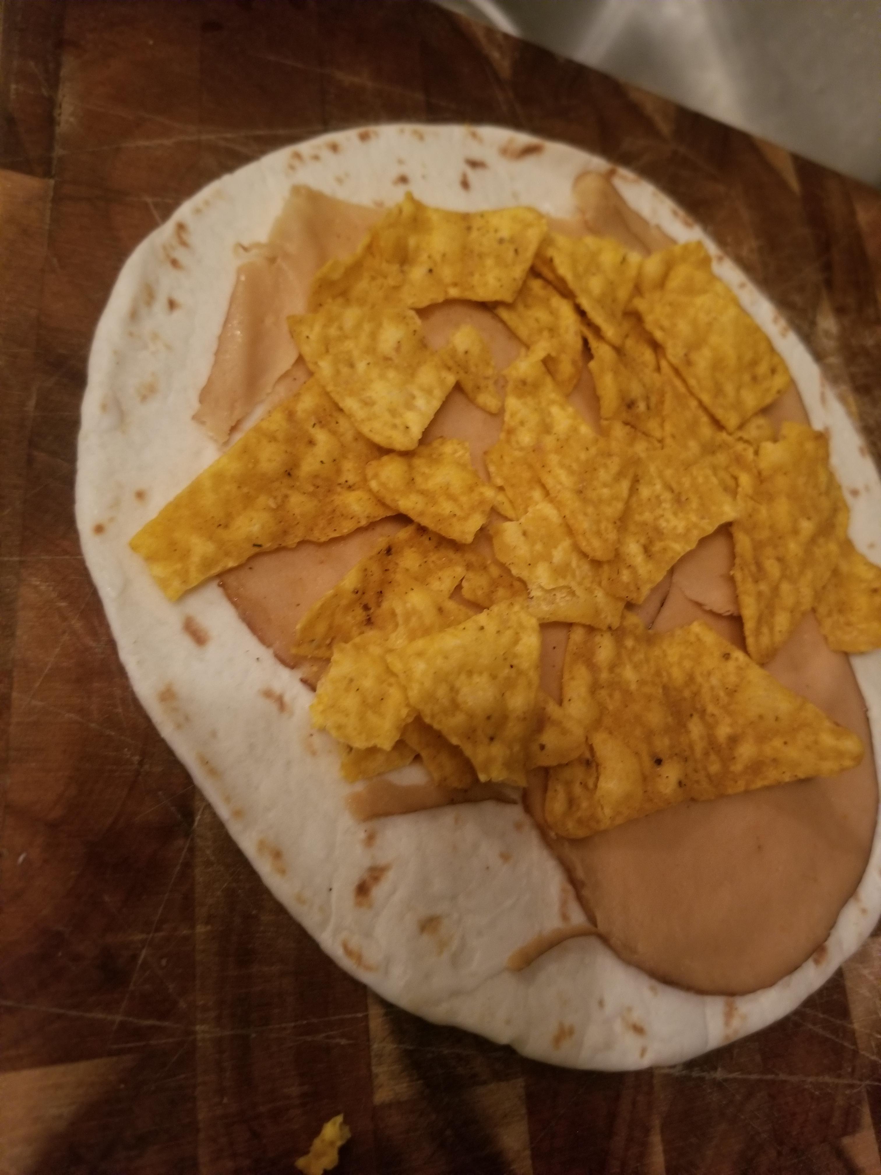 Salsa verde doritos, Tofurkey, Vegan Mayo and Tortilla. I'm running out