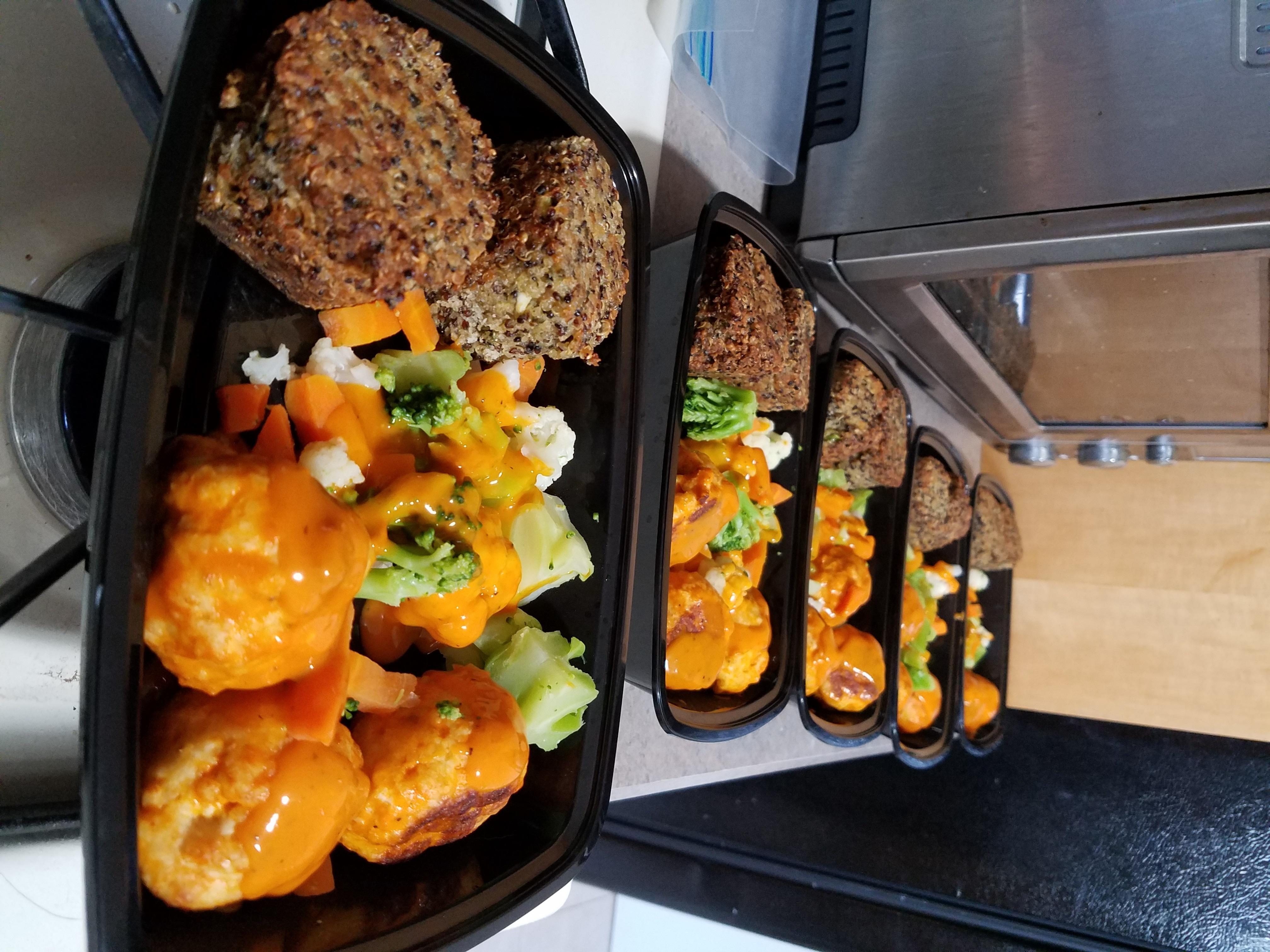 Small batch of Lean Buffalo Chicken Meatballs/Veggies/TriColor Quinoa "Cakes" [Recipes in