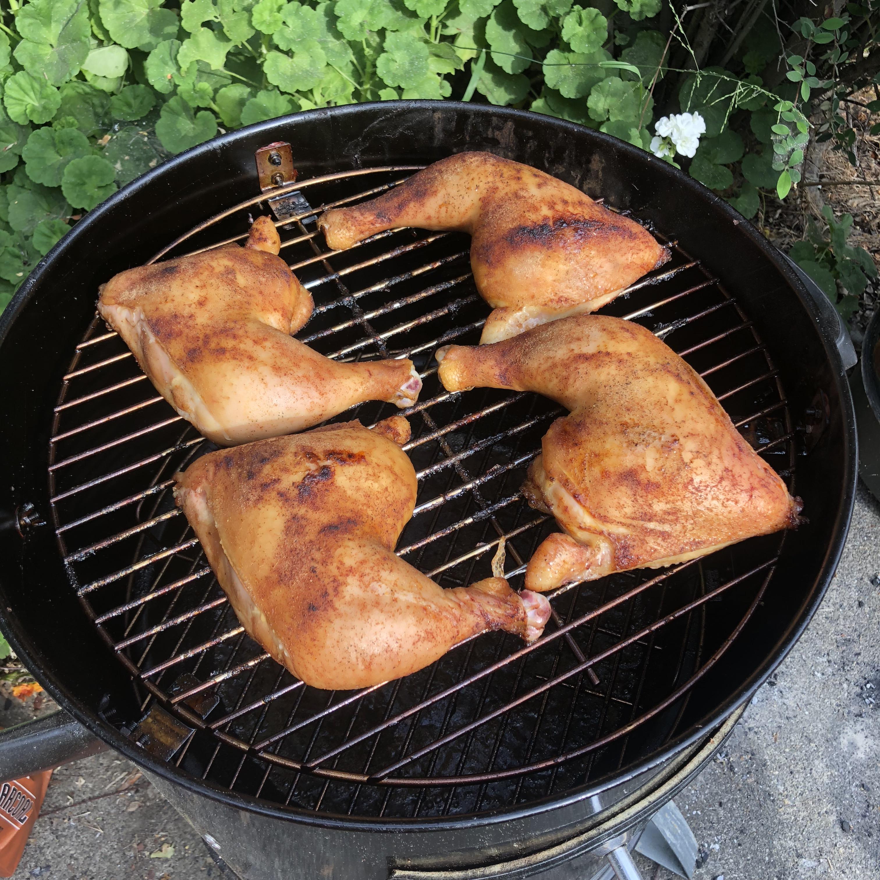 Brined and smoked chicken quarters smoking
