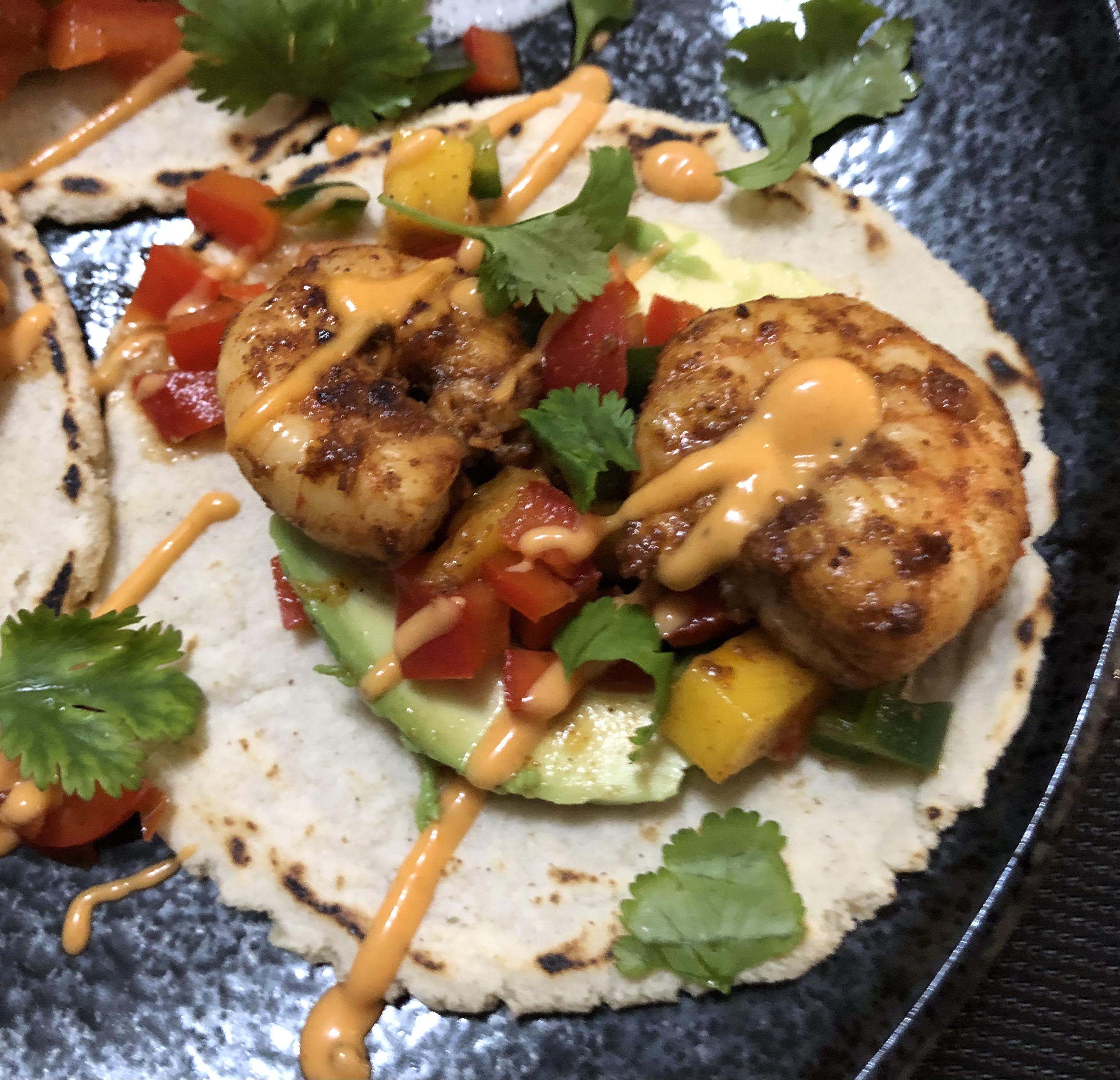 My chili prawn tacos with mango salsa, ghost chili sauce and homemade