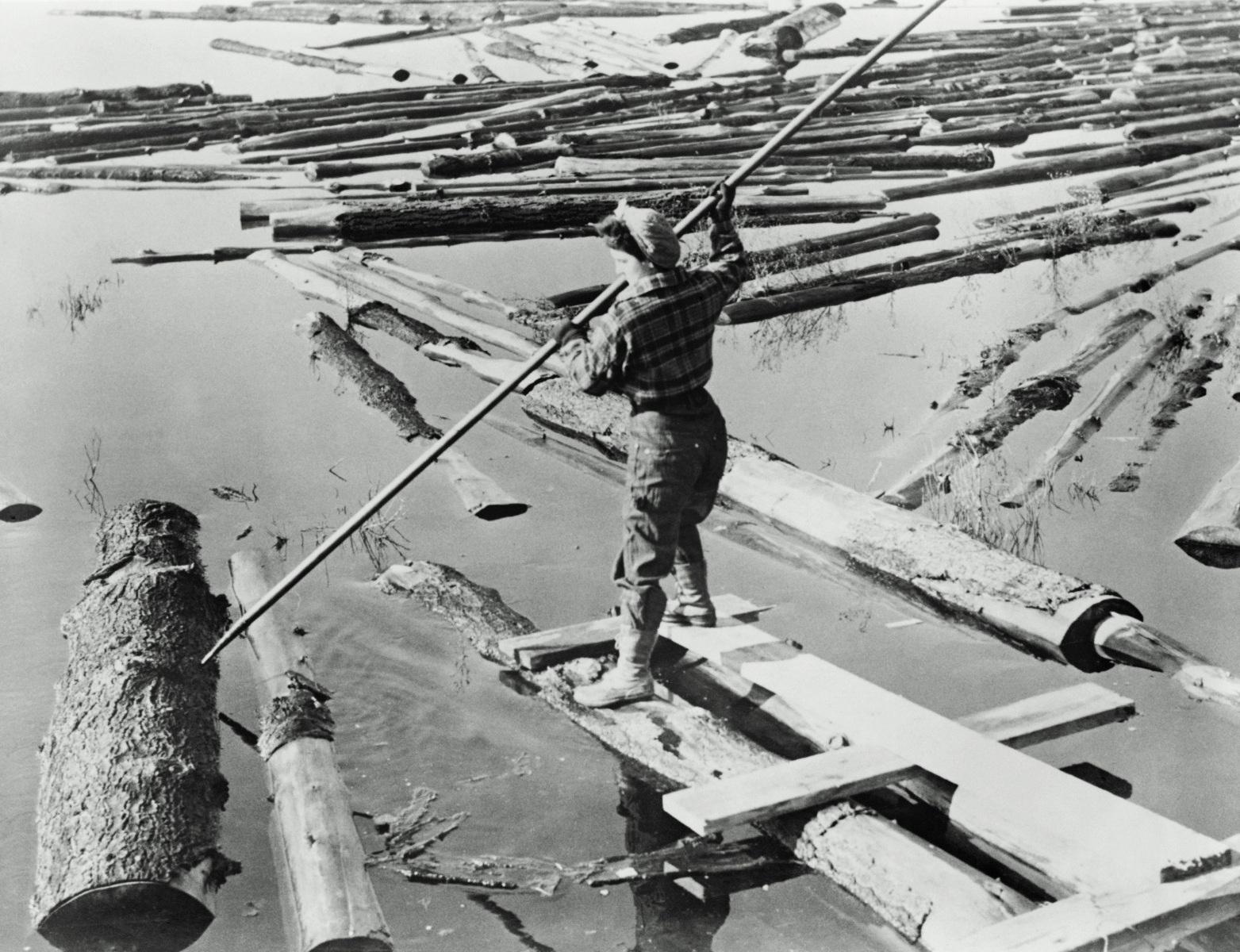Lumberjack working for a lumber mill in New Hampshire, operated by