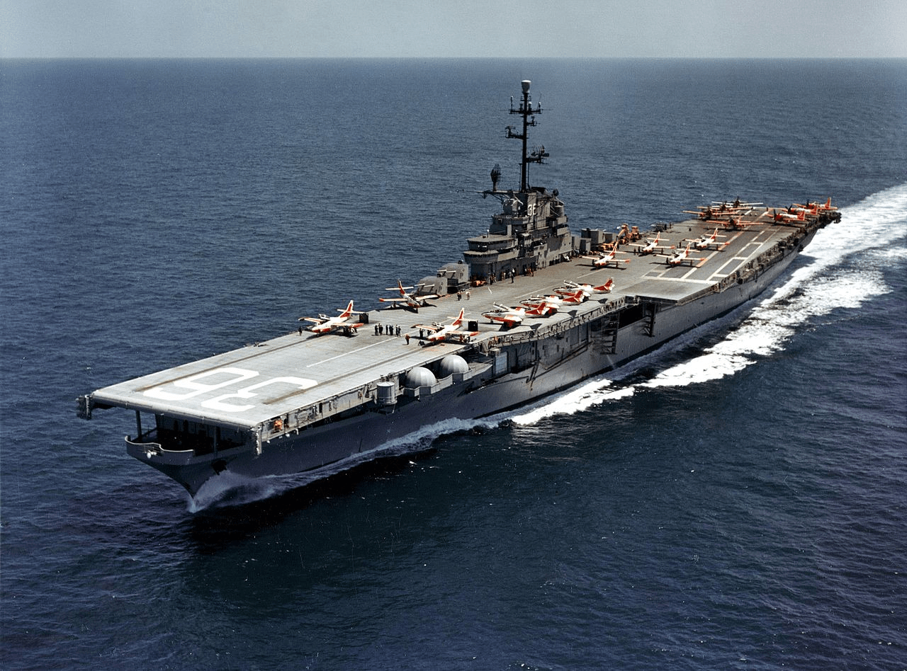 The U.S. Navy aircraft carrier USS Antietam (CVS36) Operating training