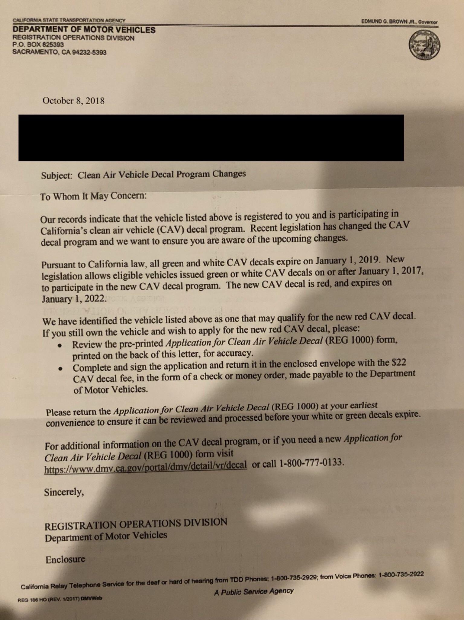 Just got a RED sticker application from CA DMV(renewal from green