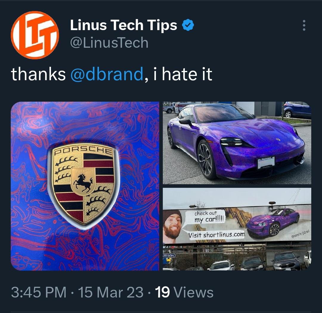 Linus officially posts about his Porsche and dbrand's billboard r