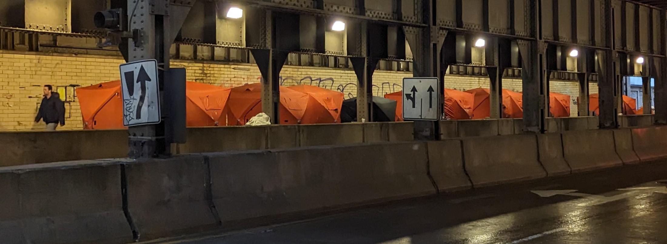 Portable ice houses used for homeless shelters, Lake and Clinton Street