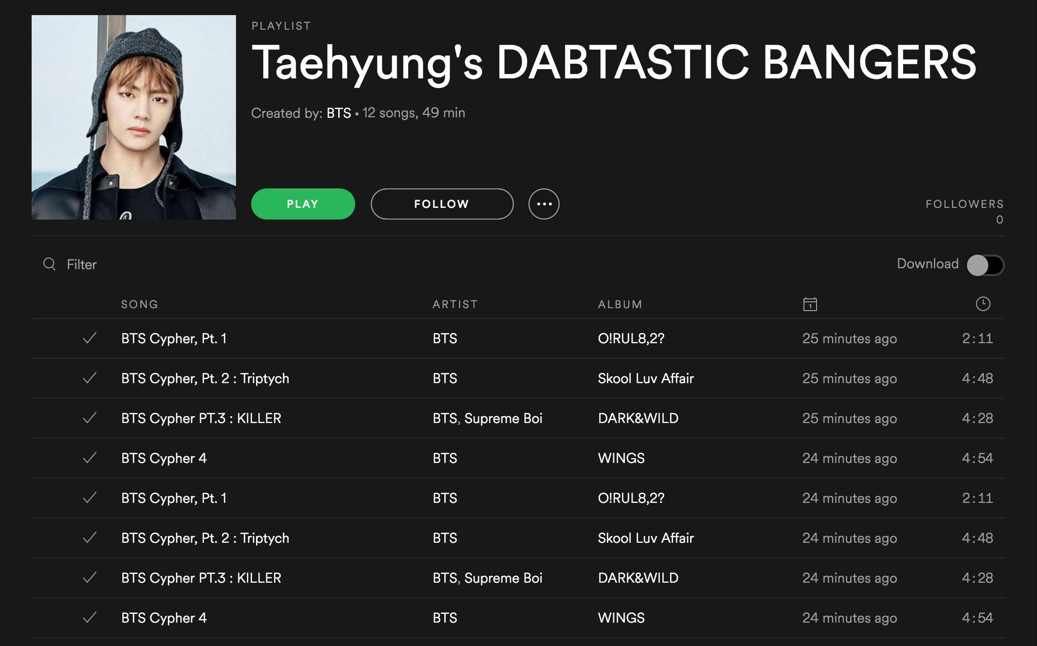 V's Spotify Playlist (probably) bangtan