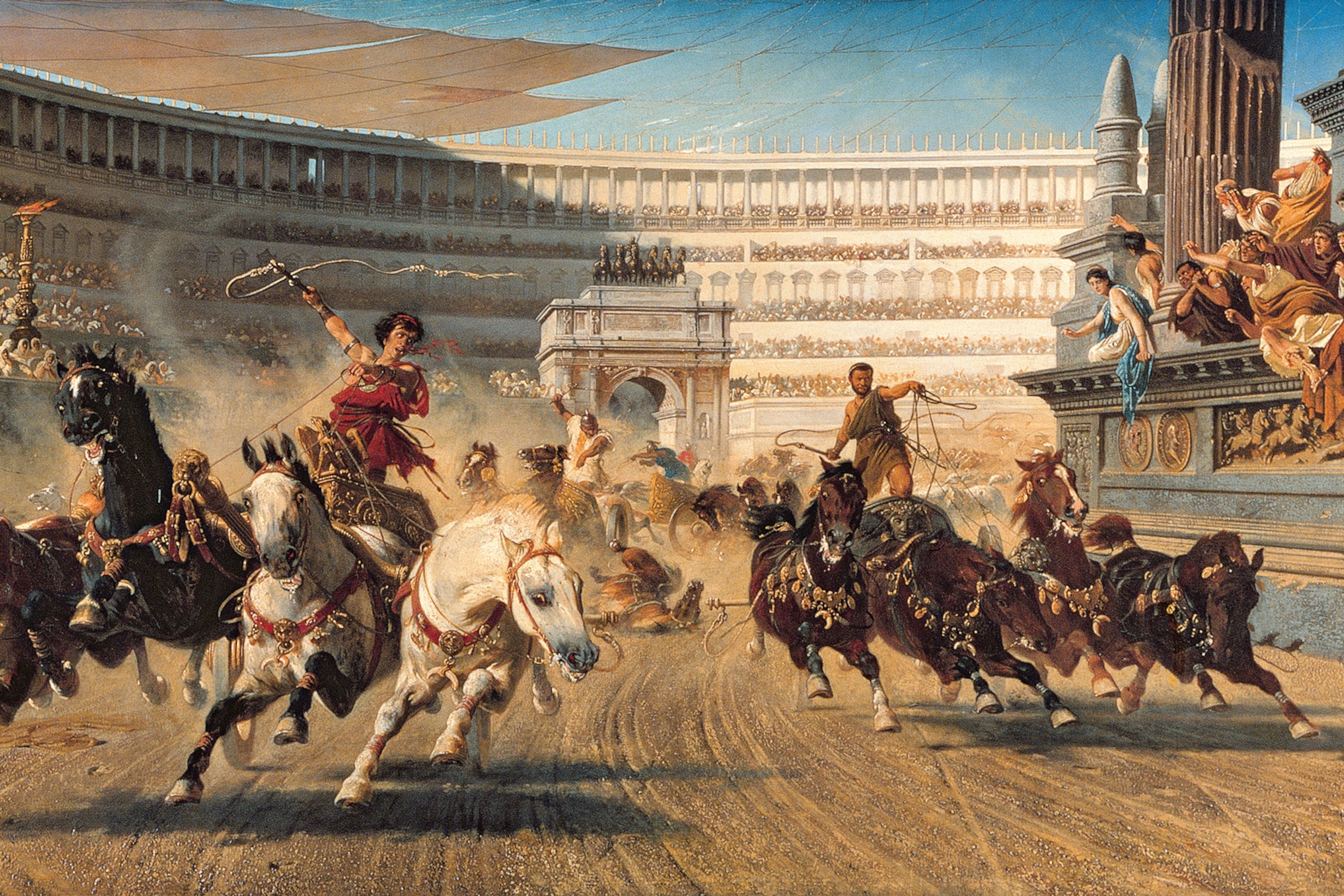 The thrill and danger of a chariot race in Rome’s Circus Maximus is captured here in Alexander