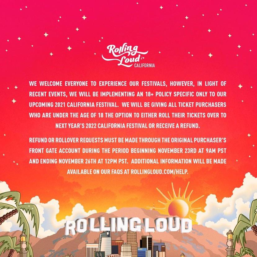 Rolling Loud now is an 18+ festival. Refunds will be allowed r