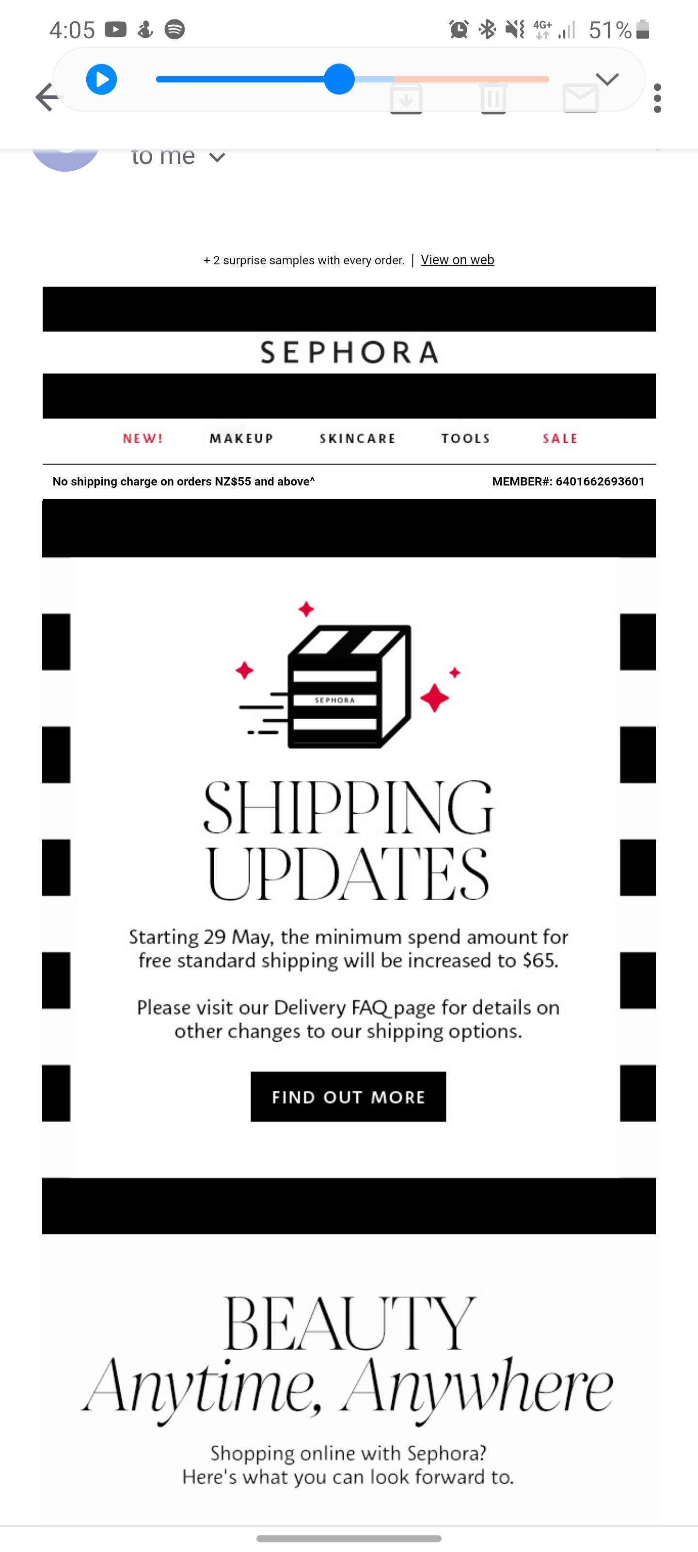 Sephora Shipping Policy update. Increase on minimum spend to get free