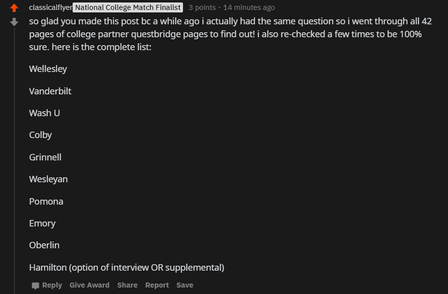 All Questbridge partners without RD supplement requirements. r