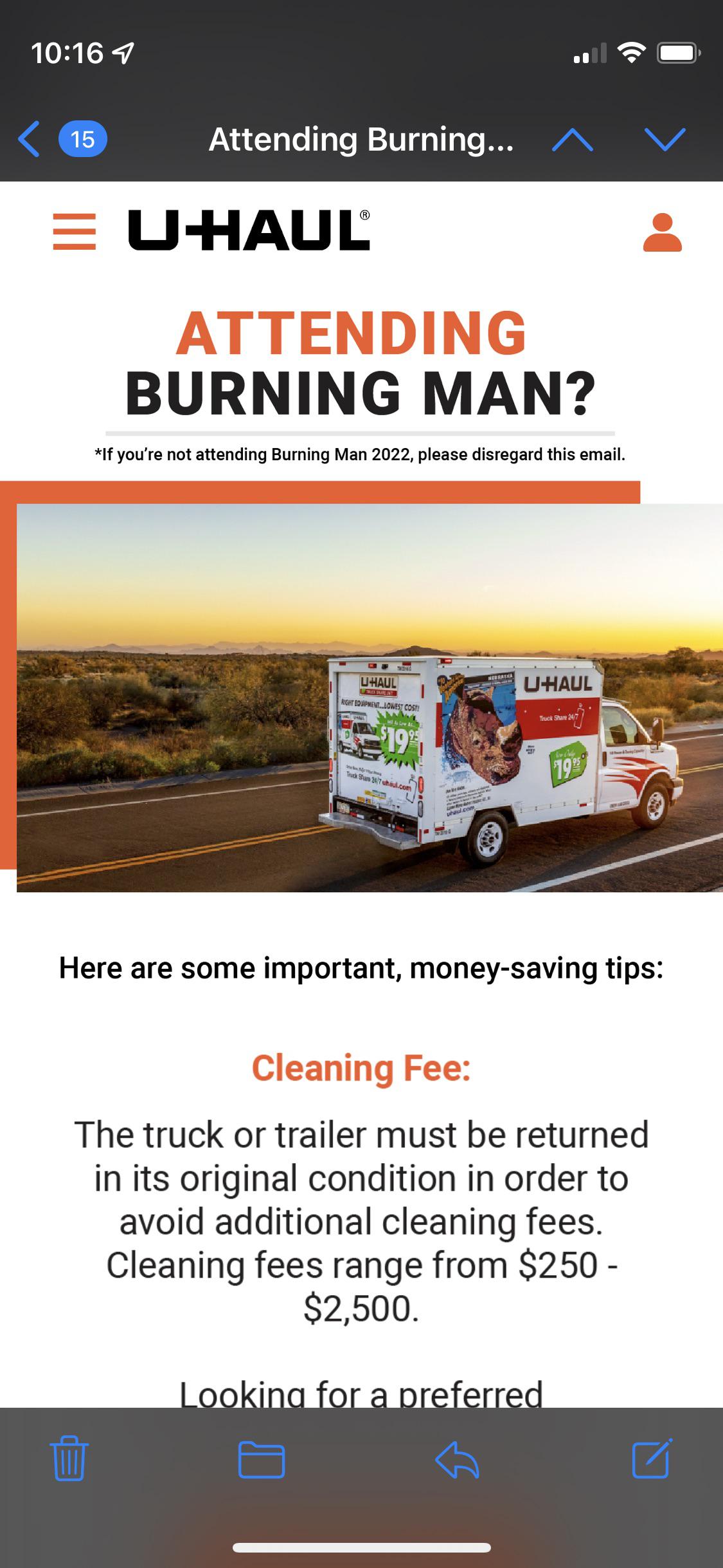 UHaul email with cleaning fees and upsell. Weird r/BurningMan