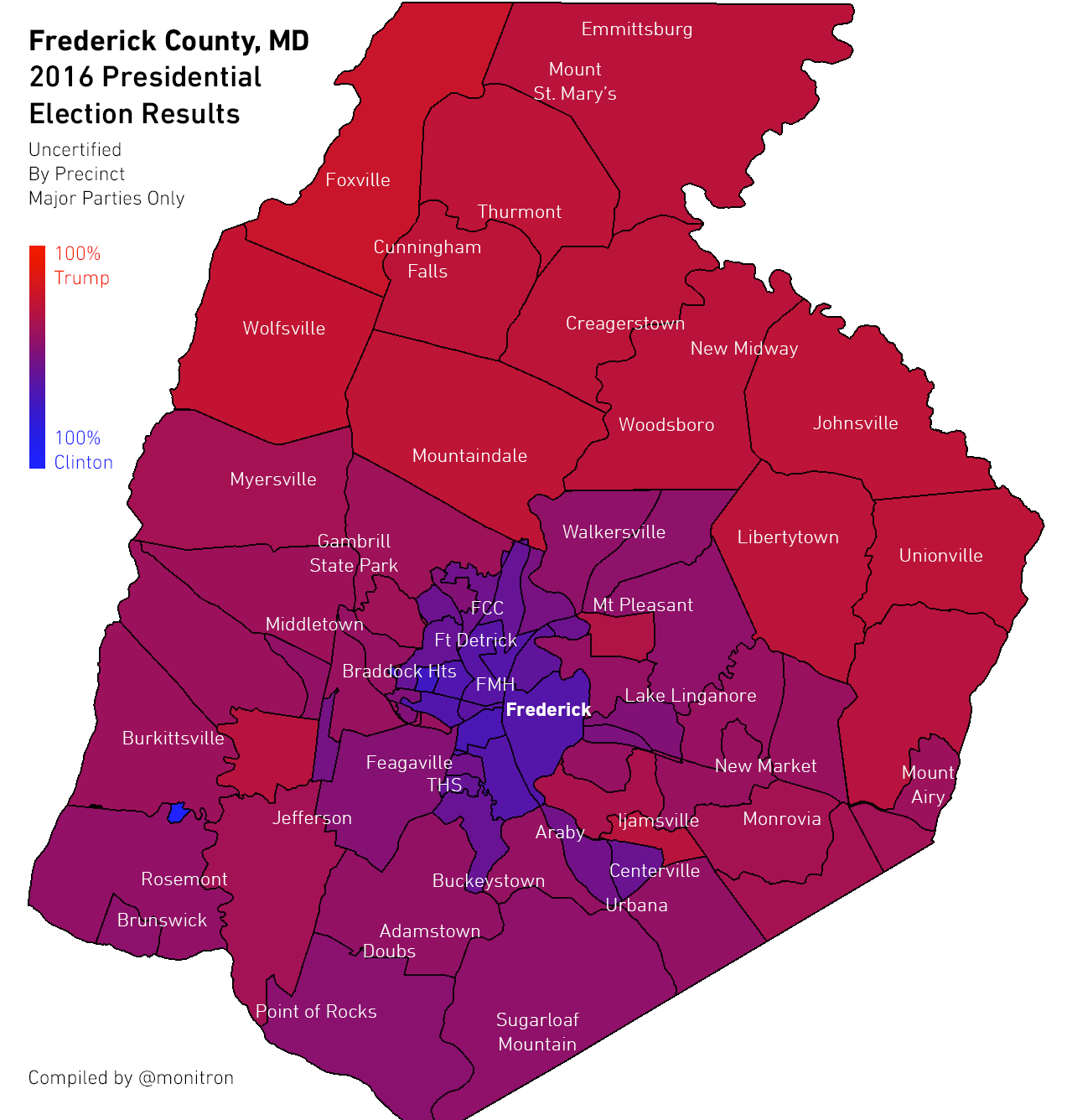 I was curious how people in different parts of Frederick County voted for President, so I made a