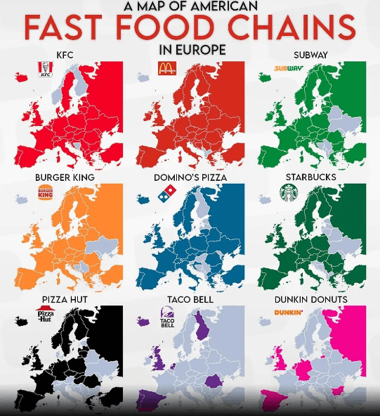 A map of american fast food chains in Europe r/MapPorn