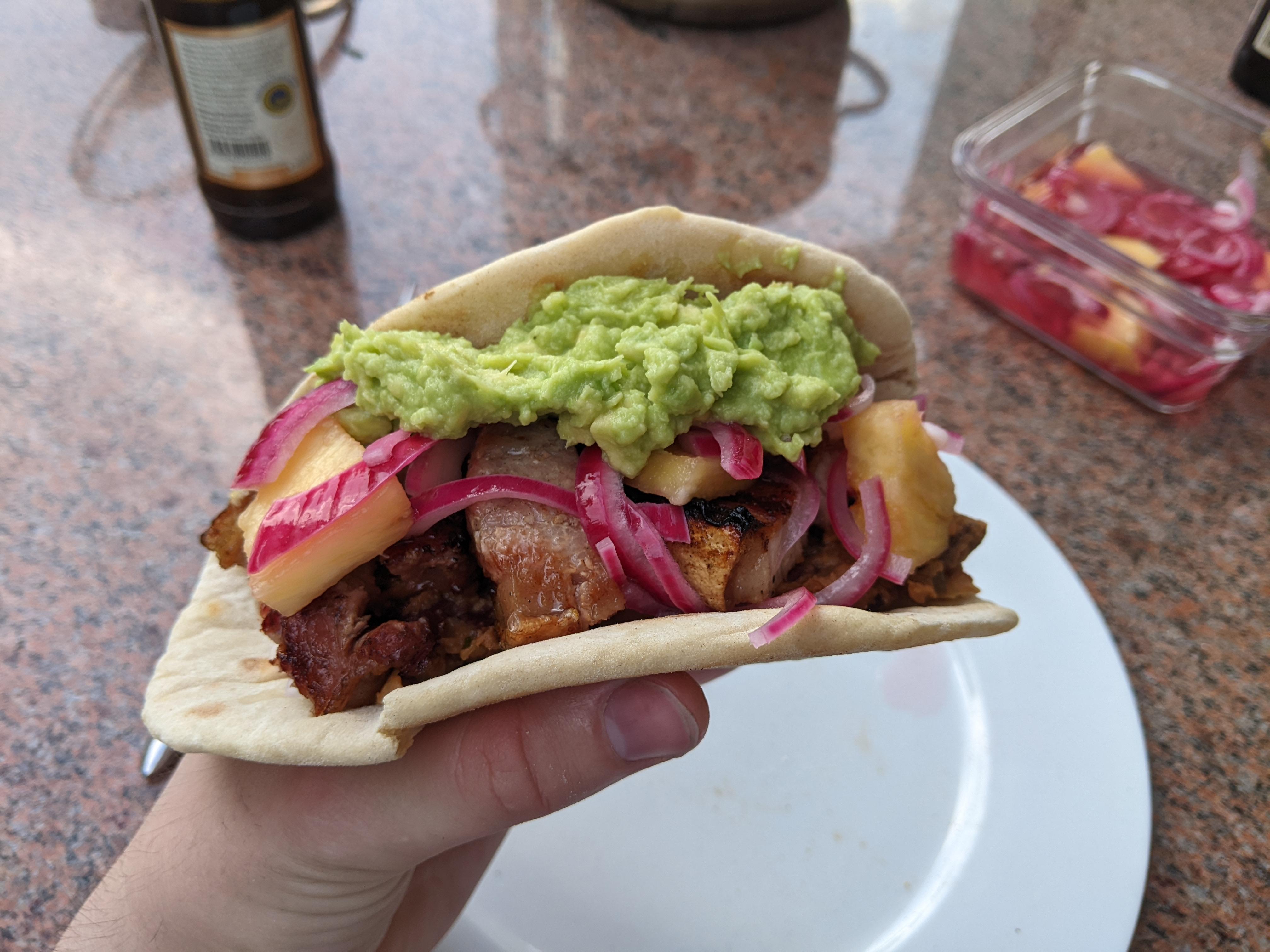 [homemade] GGrilled pork belly with refried beans, guacamole, and
